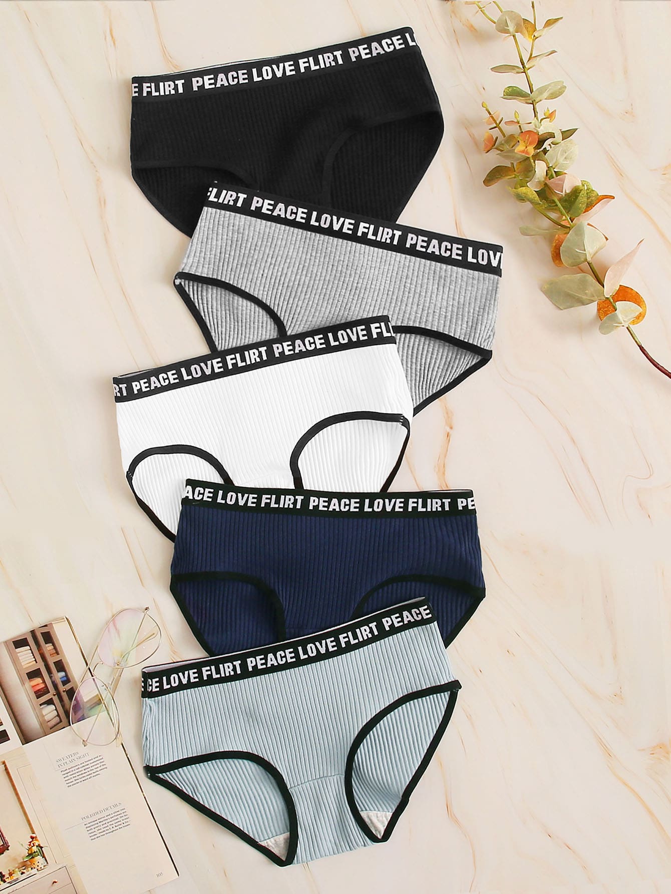 5pack Rib Letter Tape Panty Set