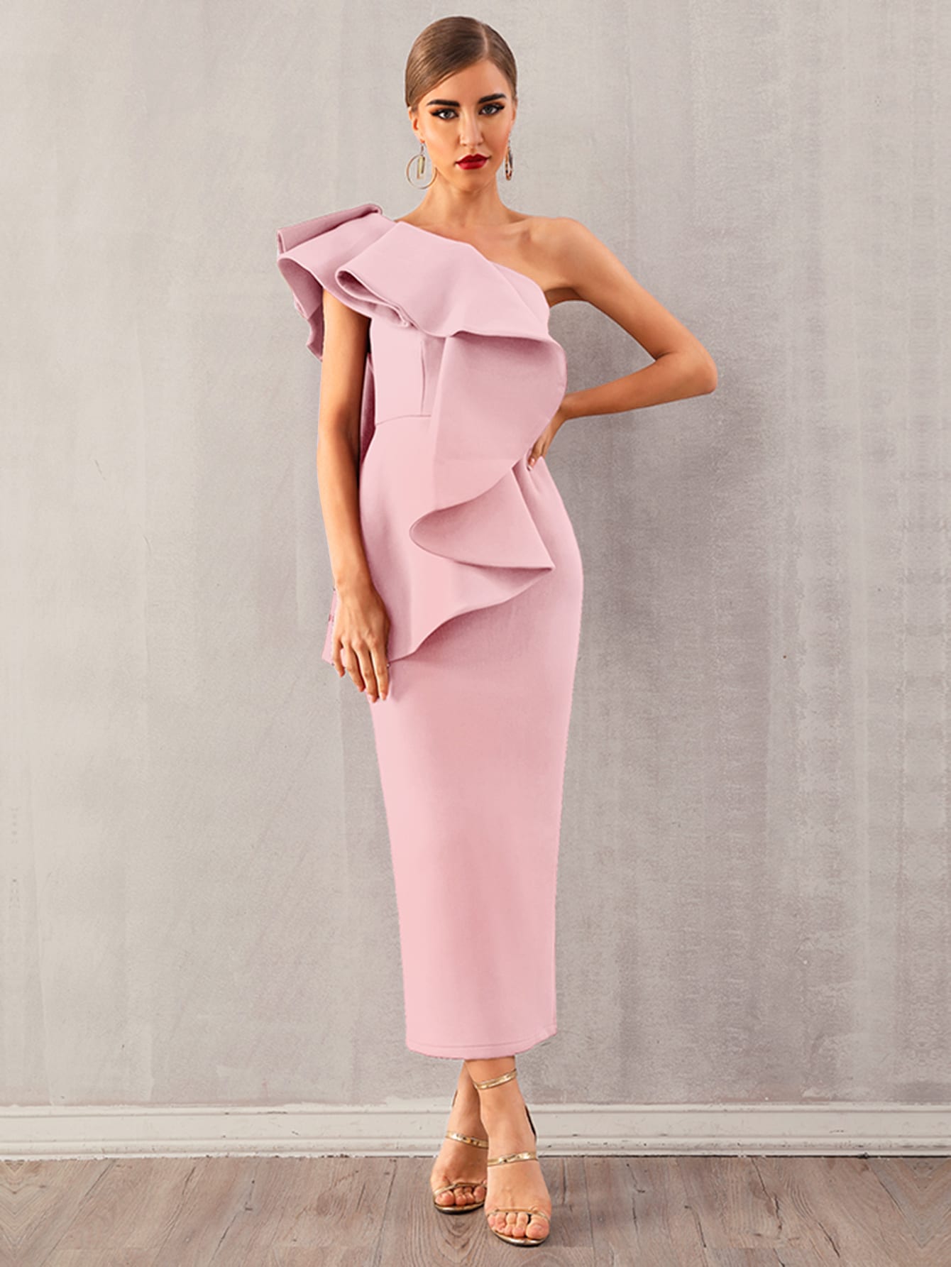 Adyce Exaggerated Ruffle One Shoulder Pencil Dress