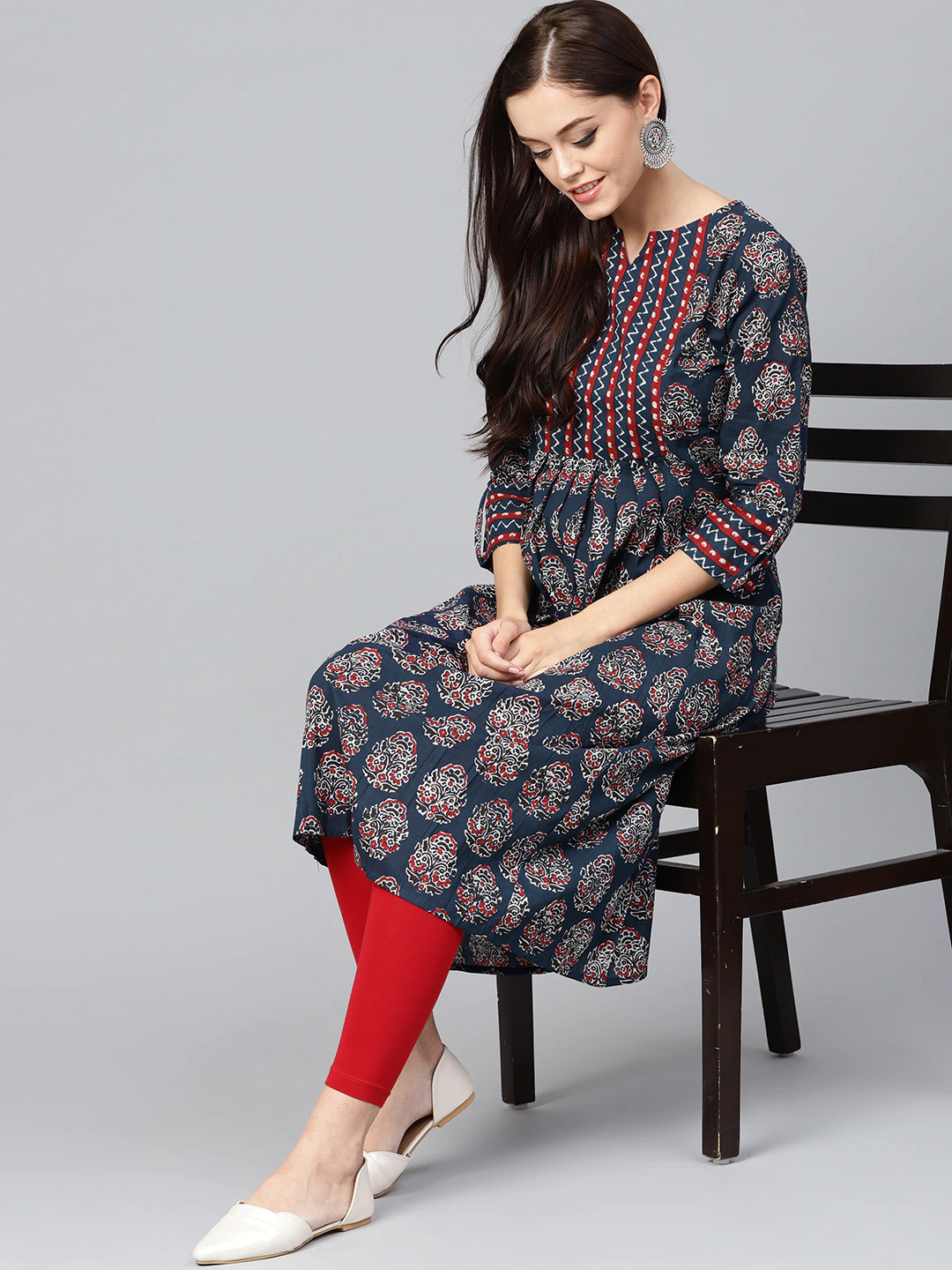 All-Over Ethnic Motif Print Pleated Kurta