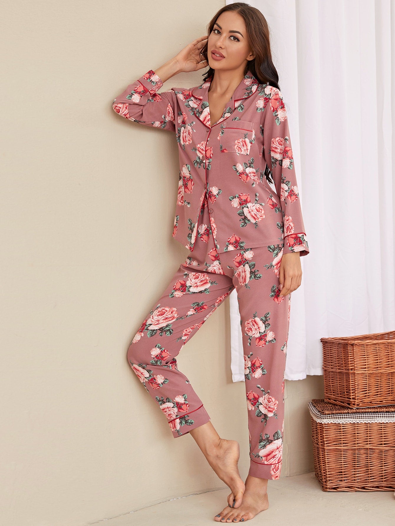 All Over Floral Print Button Front Lapel Collar PJ Set