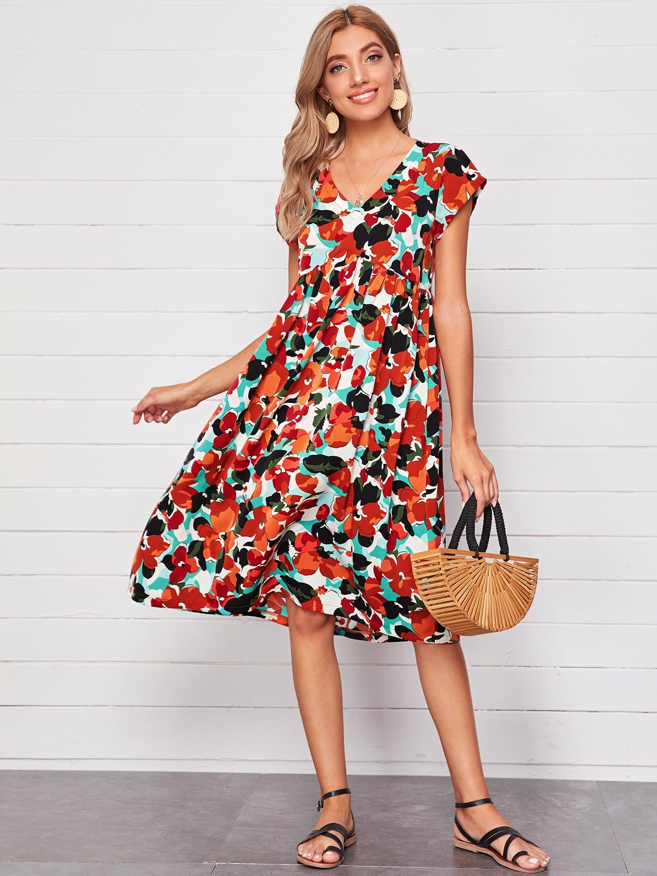 All Over Print Midi Smock Dress