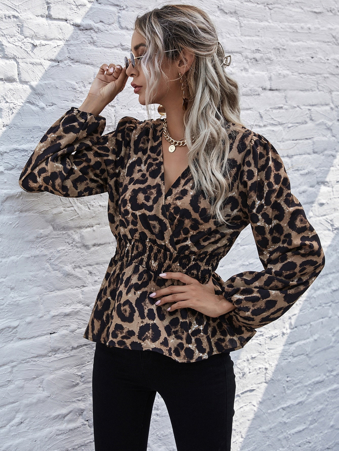 All Over Print Shirred Peplum Blouse