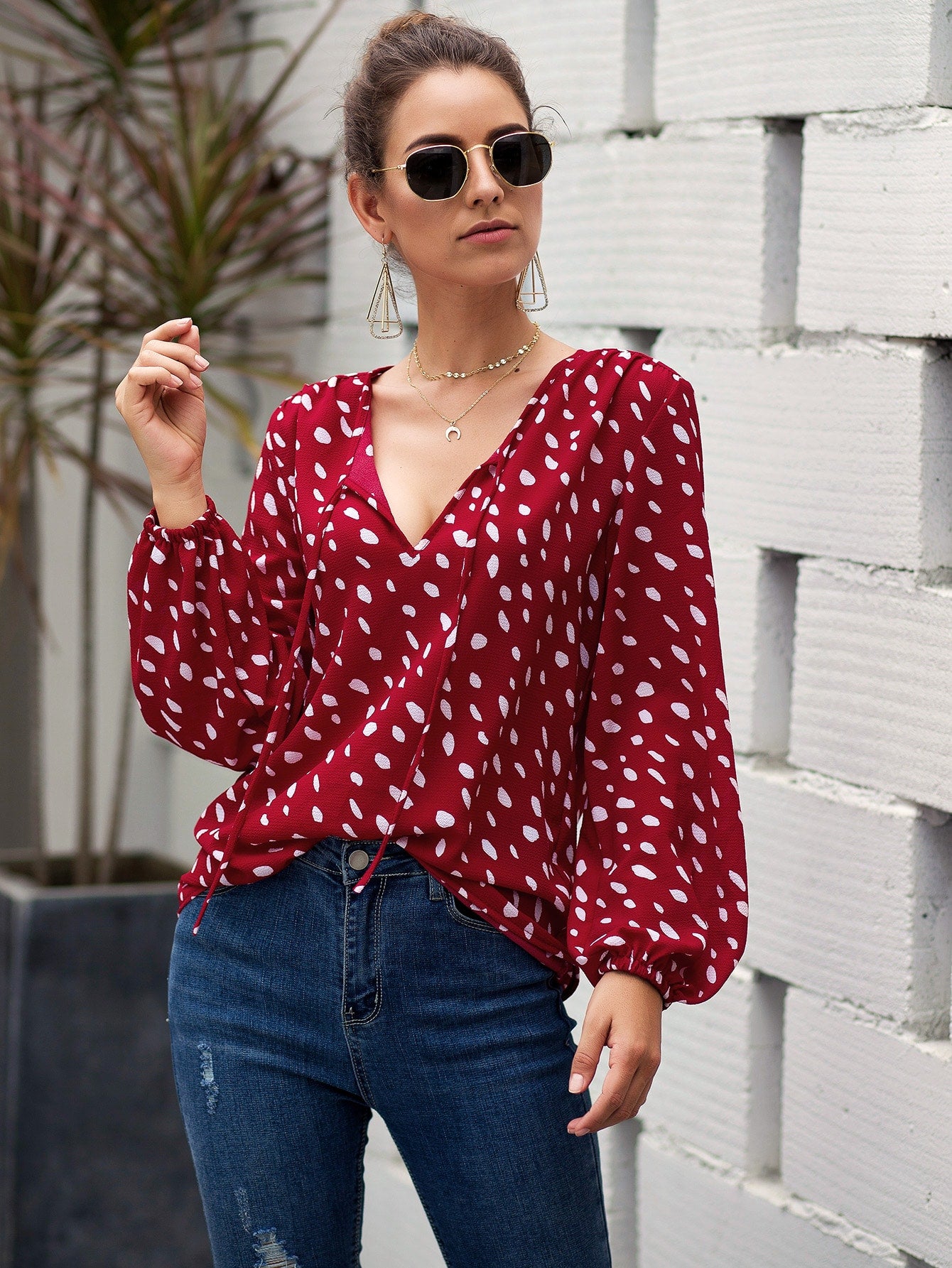 All Over Print Tie Neck Blouse