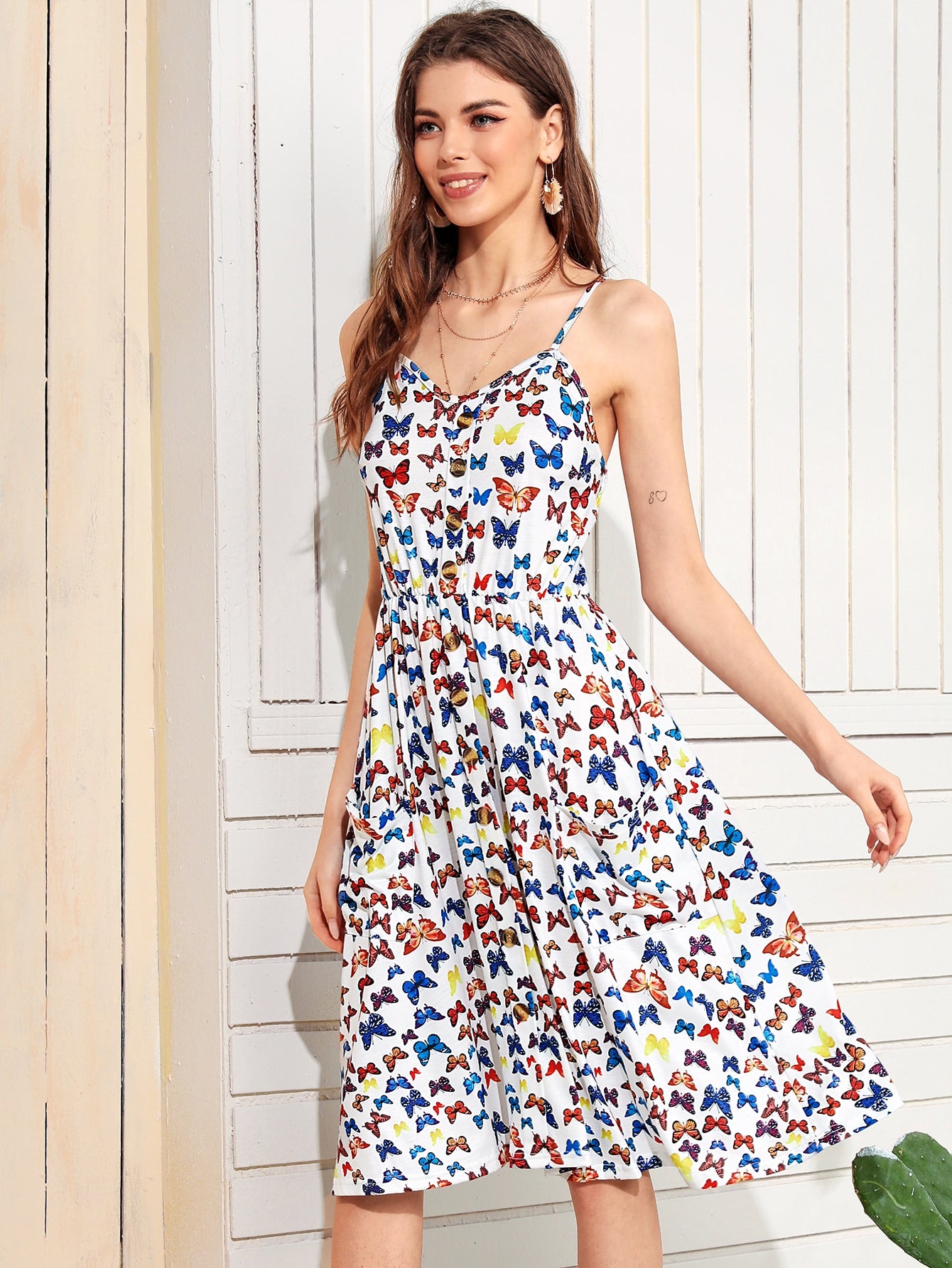 Allover Butterfly Print Shirred Cami Dress