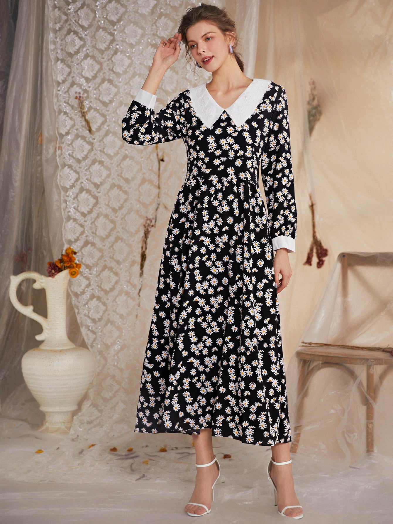 Allover Daisy Floral Print Peter Pan Collar A-line Dress