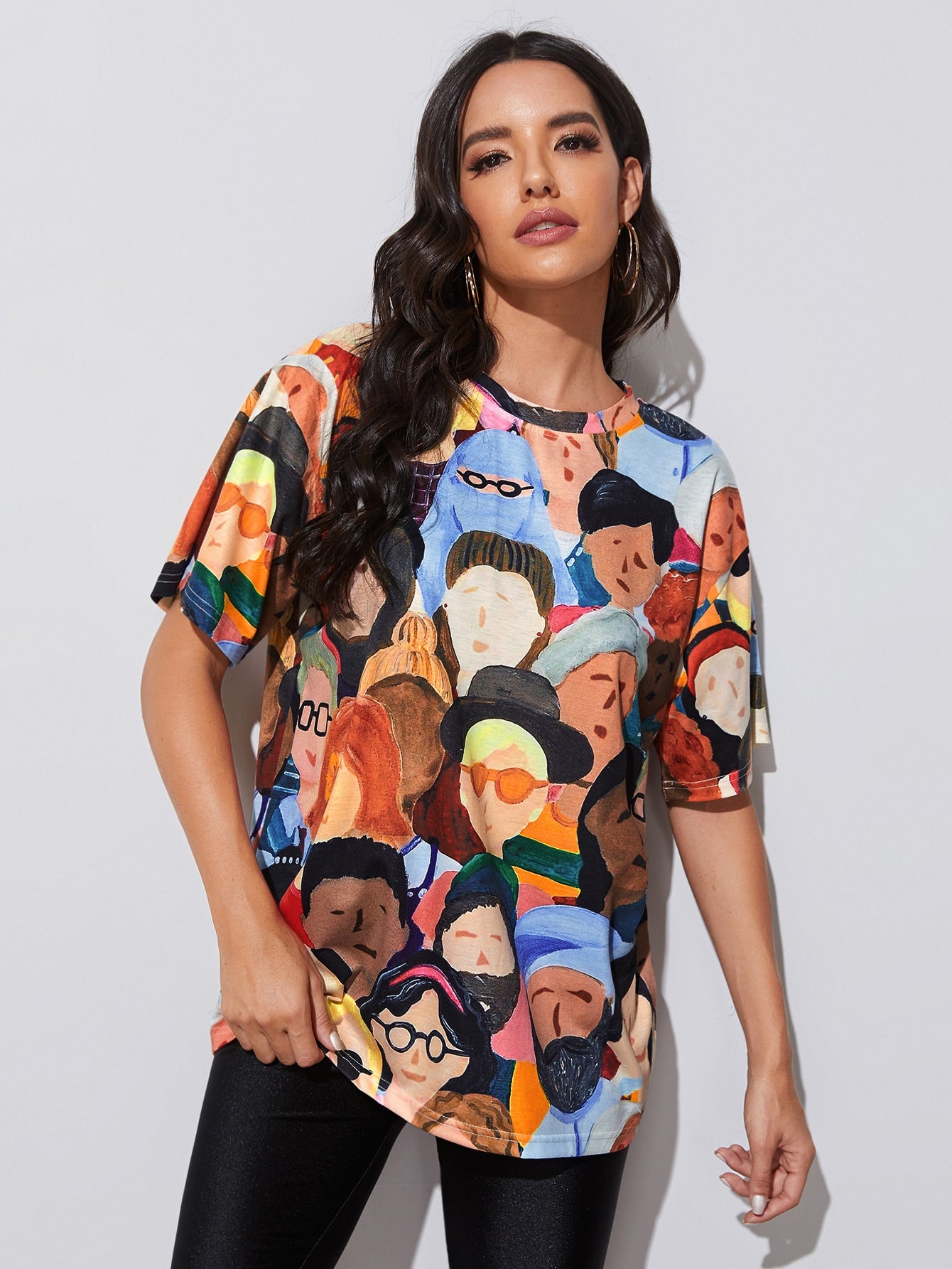 Allover Figure Print Drop Shoulder Tee