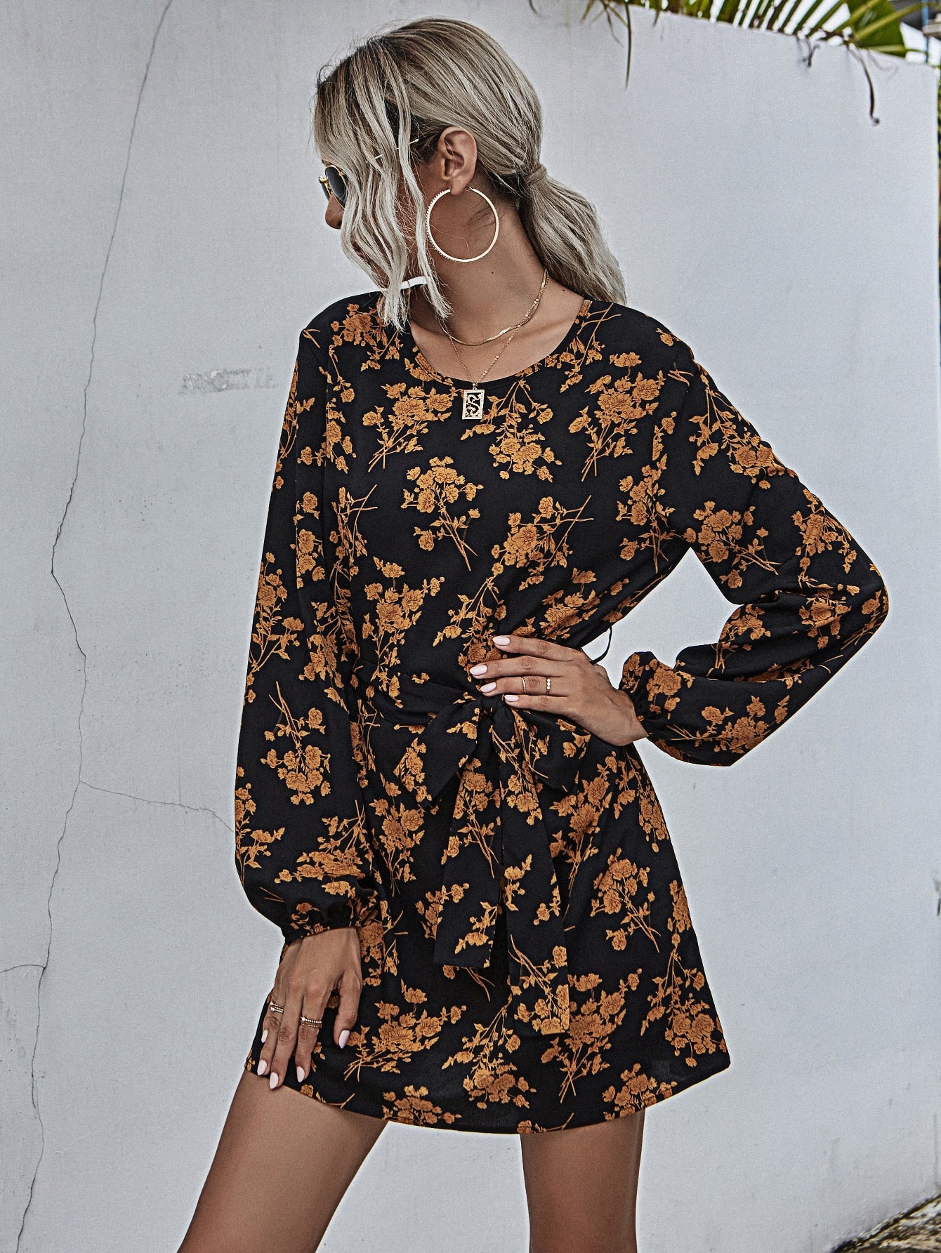 Allover Floral Belted Tunic Dress