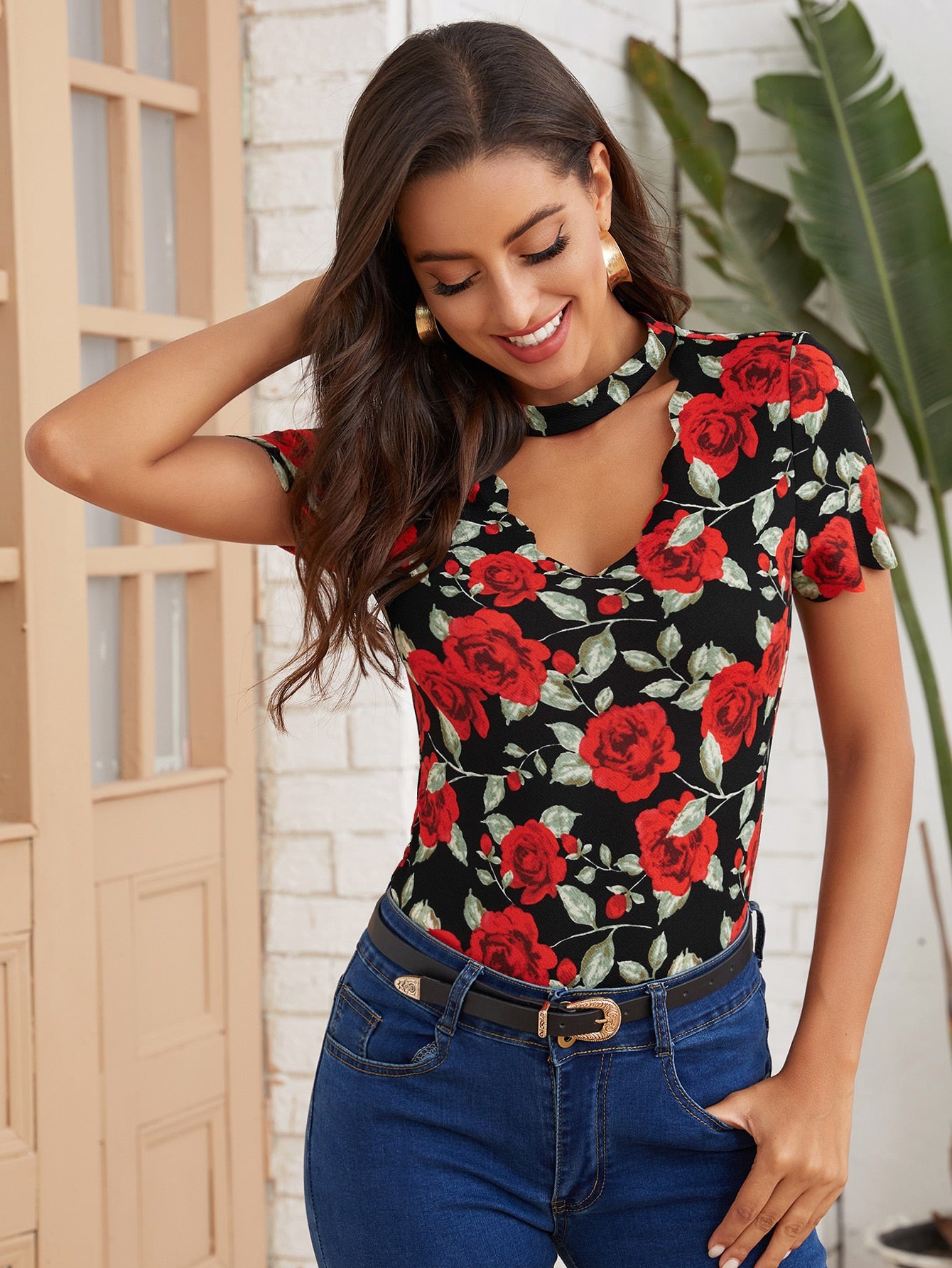 Allover Floral Cut Out Front Tee