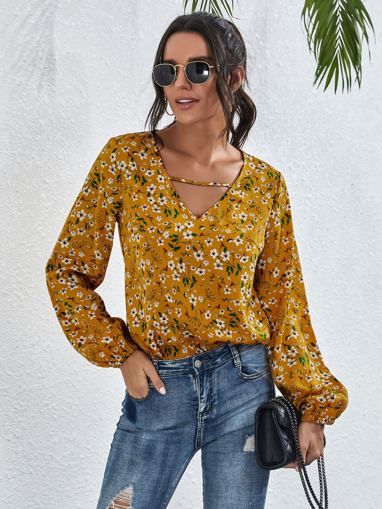 Allover Floral Cut Out Neck Blouse