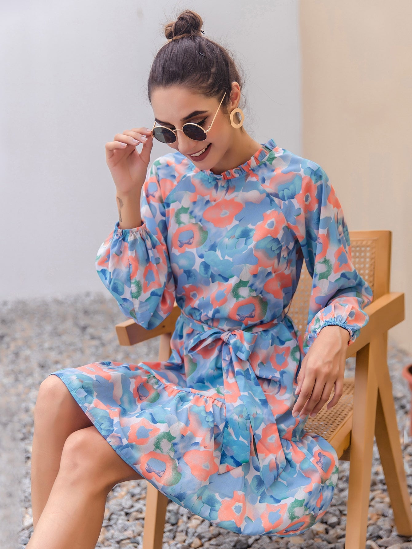 Allover Floral Frill Neck Belted A-line Dress