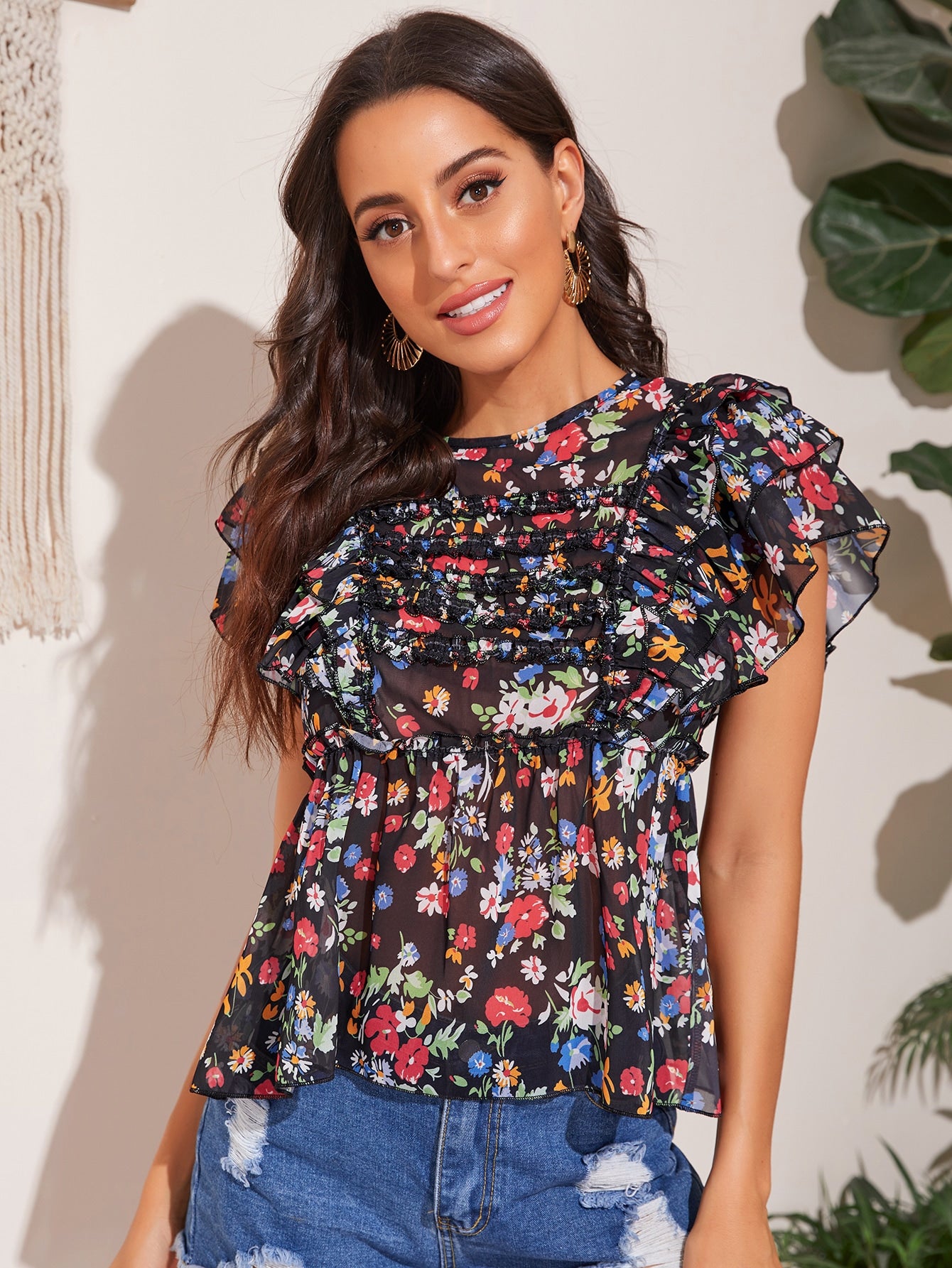 Allover Floral Frill Trim Layered Sleeve Top