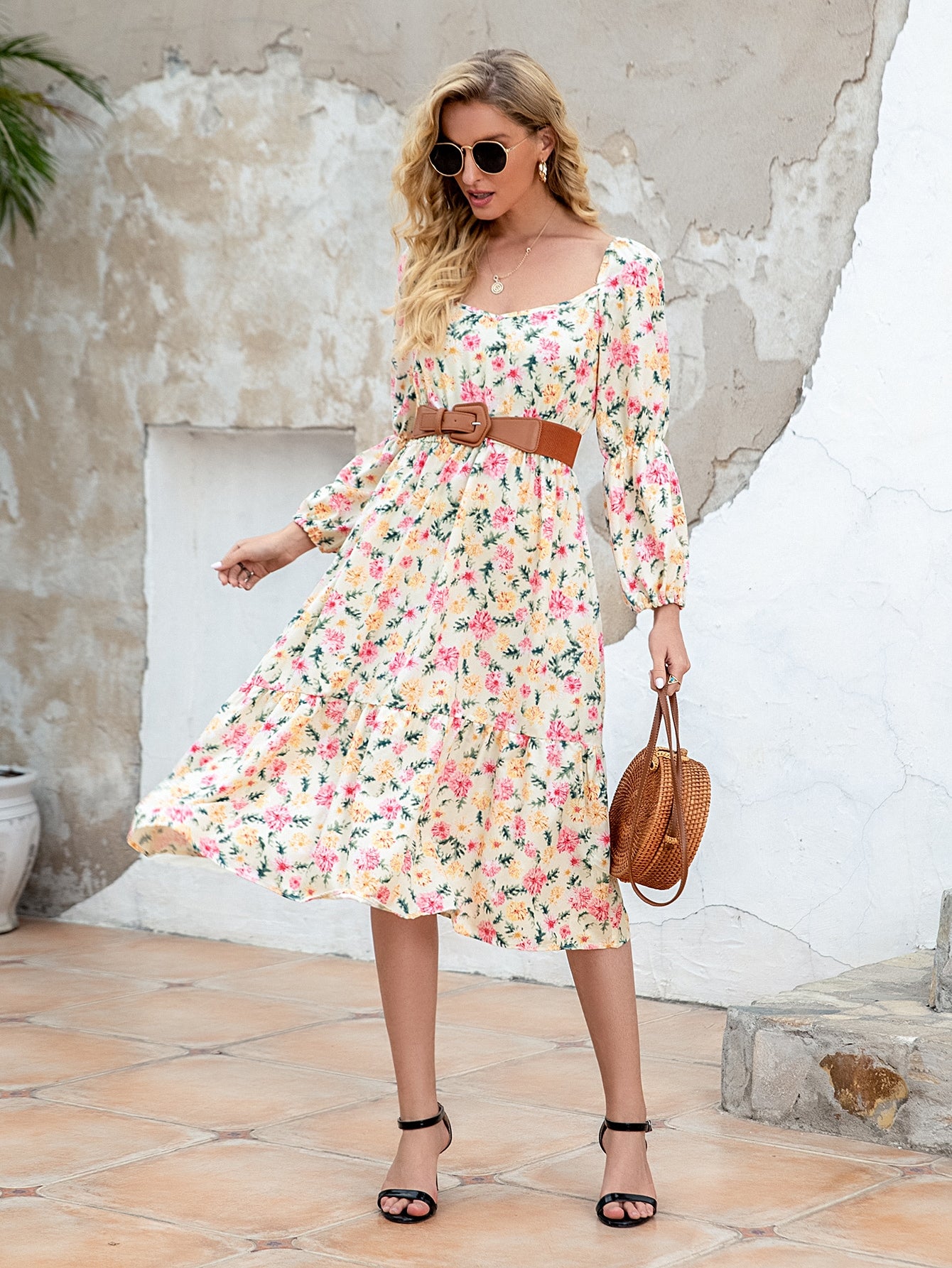 Allover Floral Print A-line Dress Without Belt