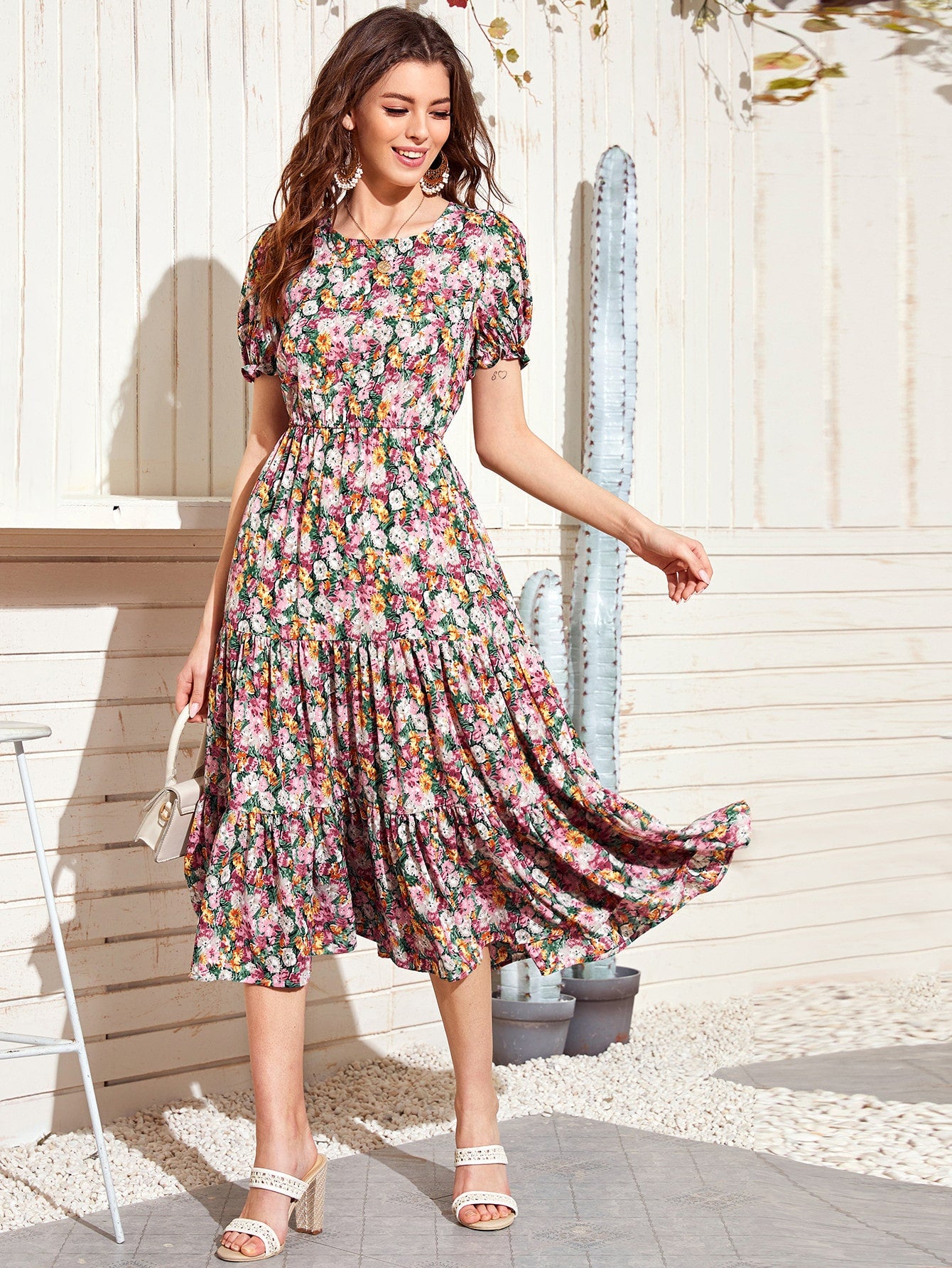 Allover Floral Print Flounce Hem A-line Dress