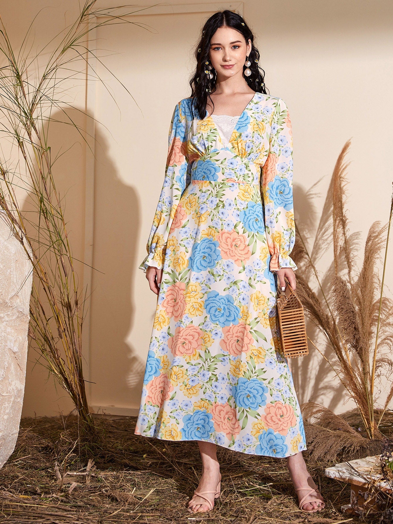 Allover Floral Print Flounce Sleeve Dress