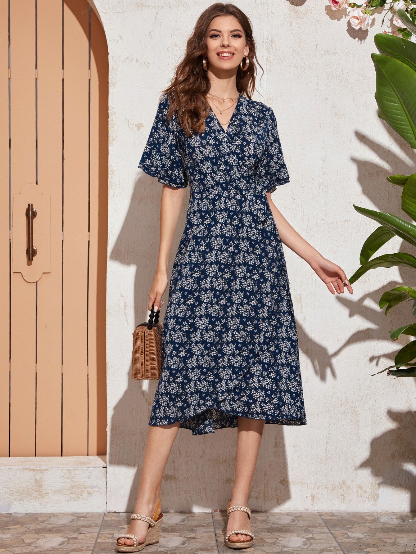 Allover Floral Print Knot Side Wrap Dress