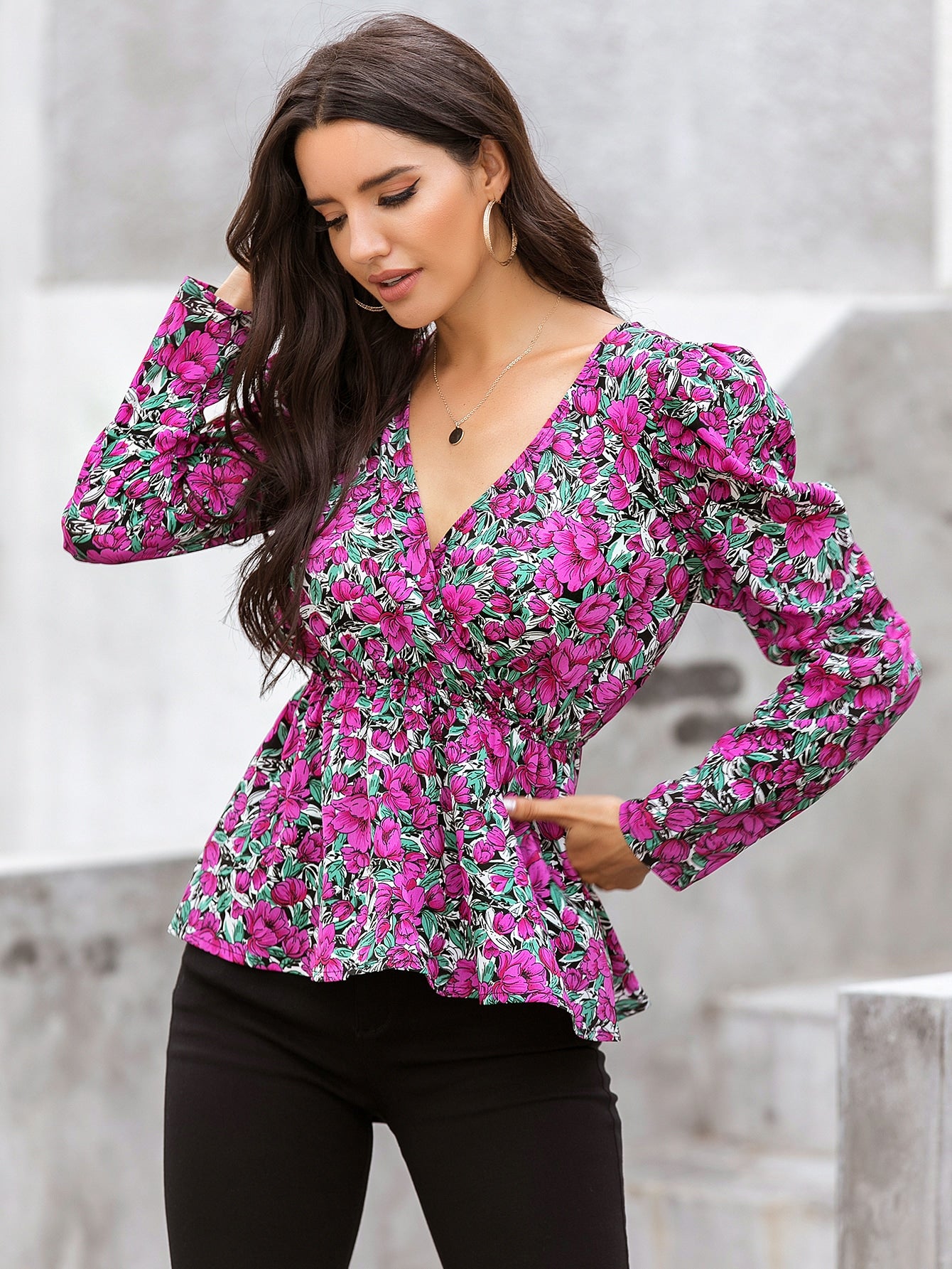 Allover Floral Print Leg-of-mutton Sleeve Peplum Blouse