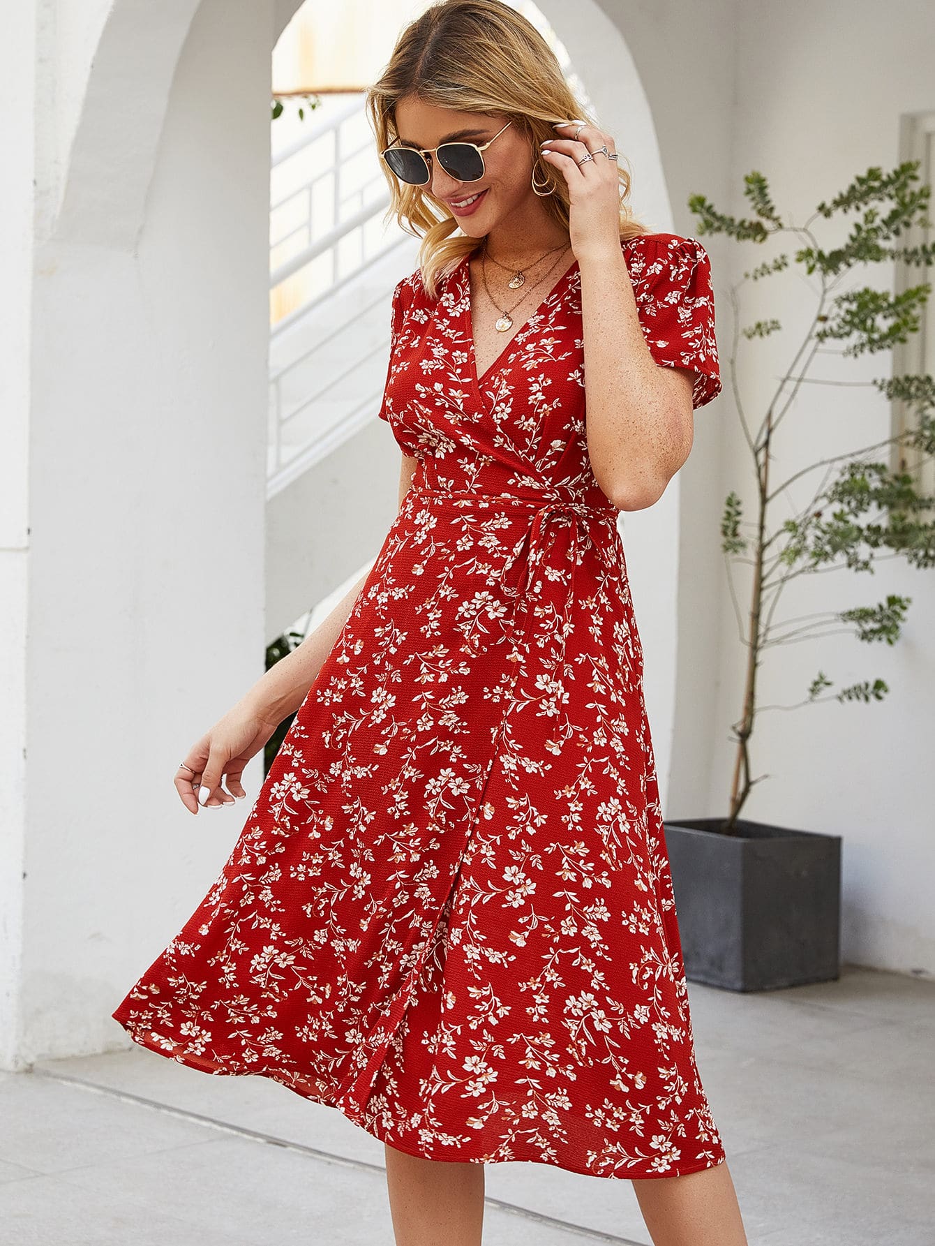 Allover Floral Print Surplice Neck Wrap Knot Dress