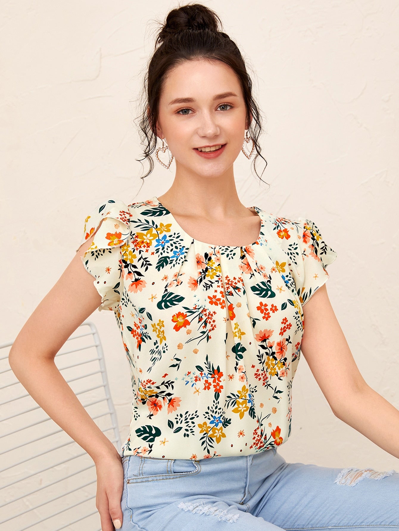 Allover Floral Ruffle Cuff Blouse