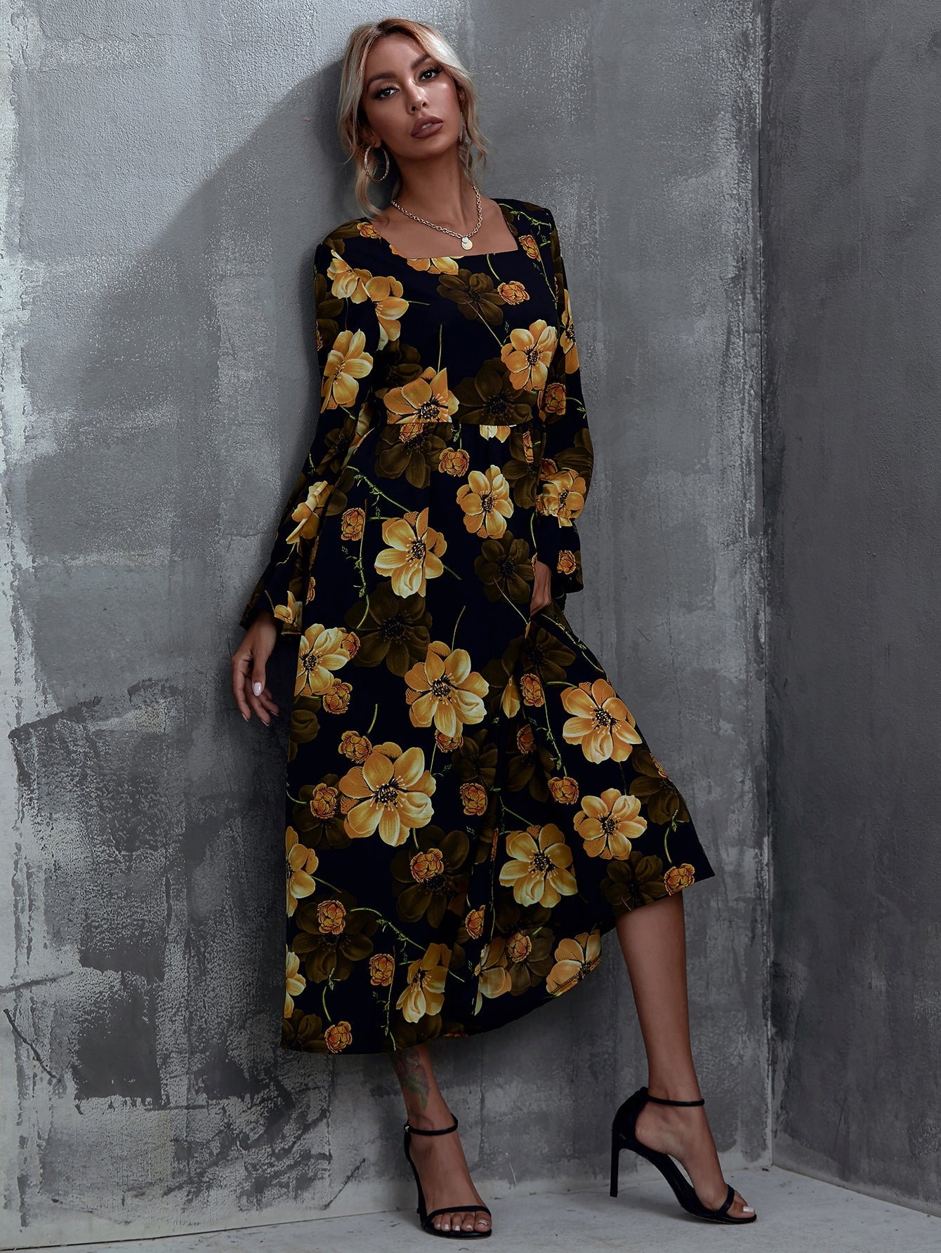 Allover Floral Square Neck A-line Dress