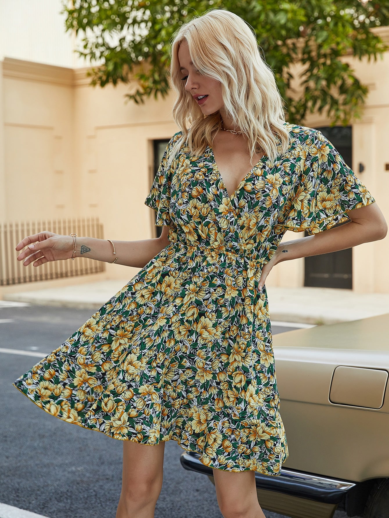 Allover Floral Surplice Front A-line Dress