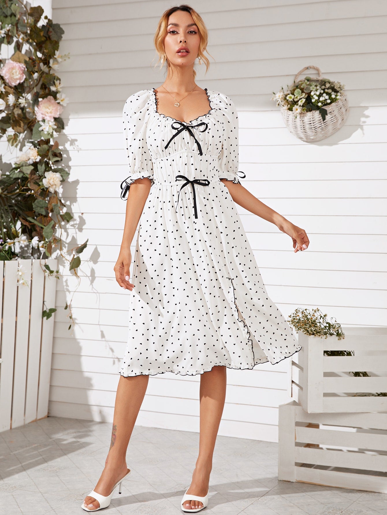 Allover Heart Print Lettuce Trim Dress