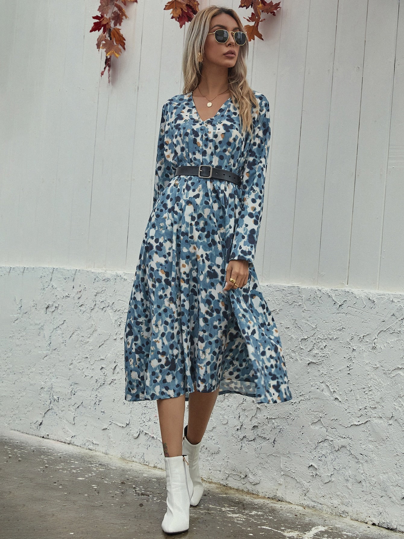 Allover Print A-line Dress Without Belt