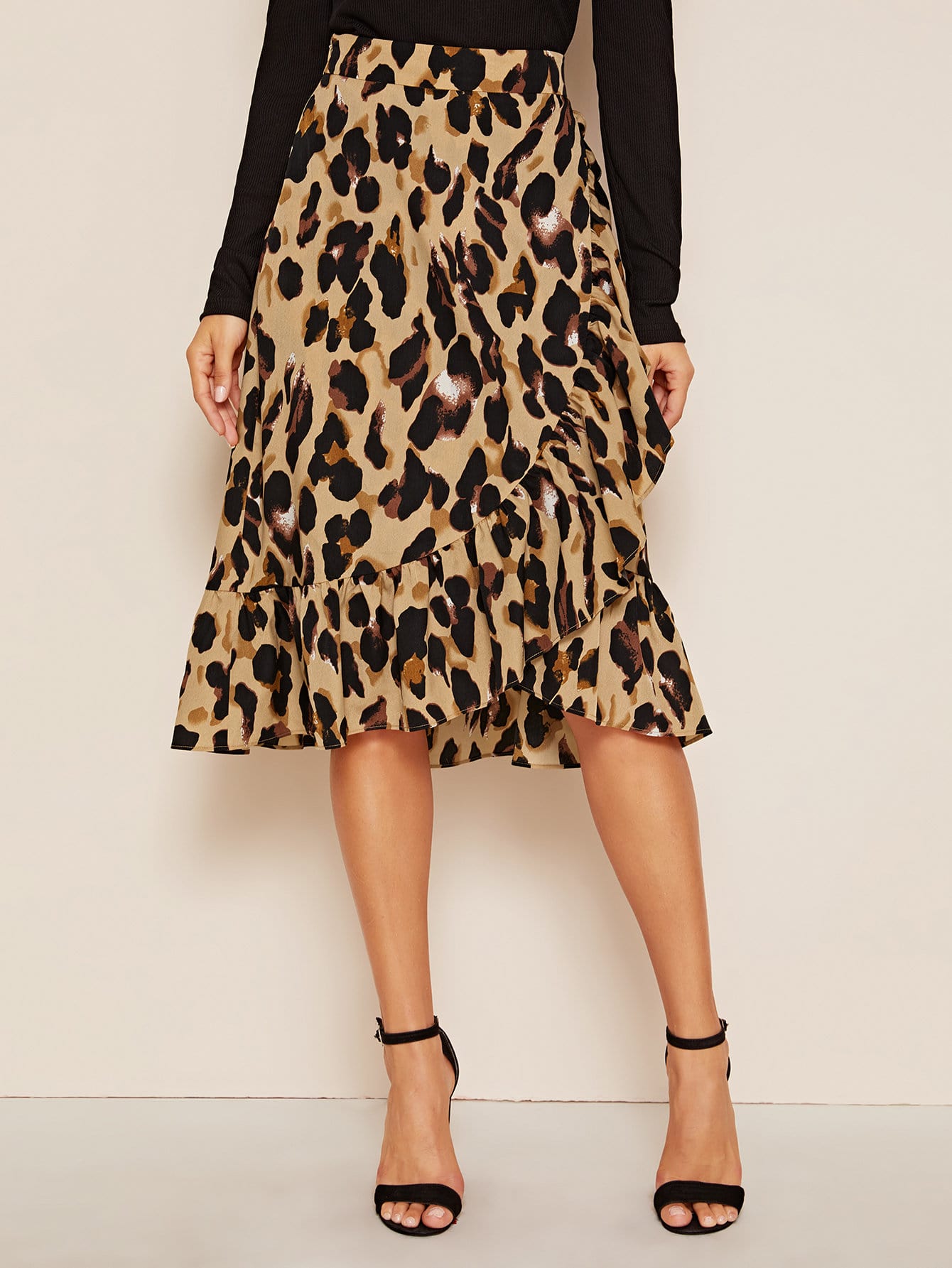 Allover Print Asymmetrical Ruffle Hem Skirt