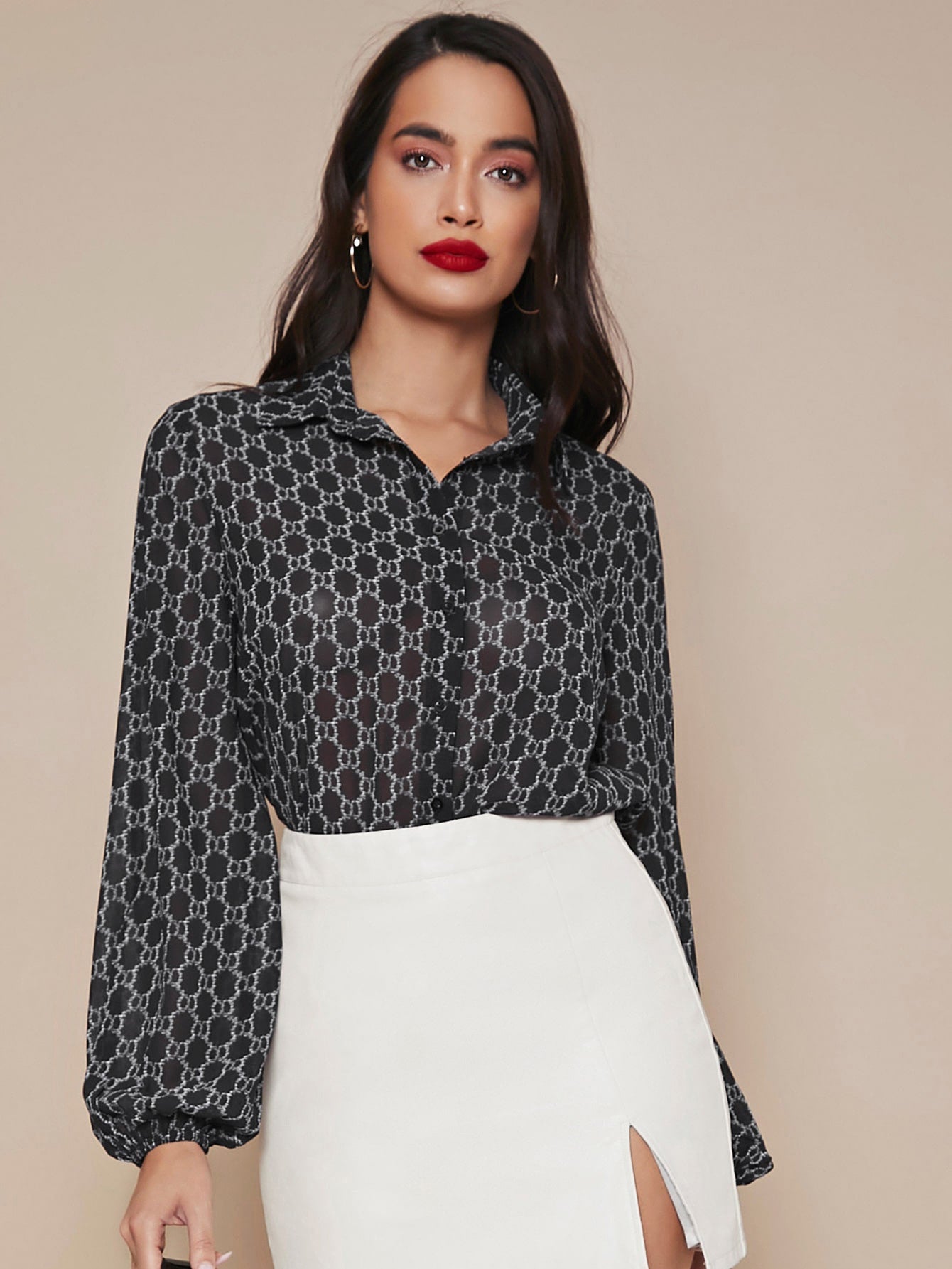 Allover Print Lantern Sleeve Blouse