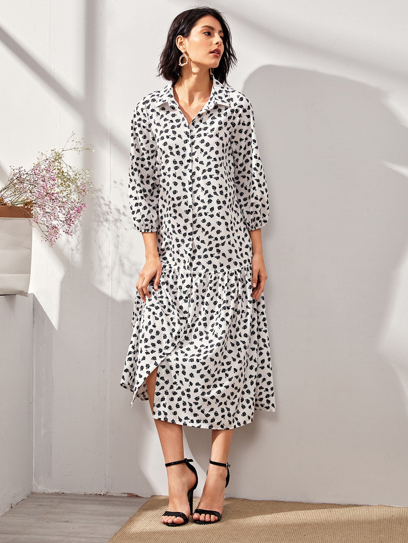 Allover Print Ruffle Hem Shirt Smock Dress