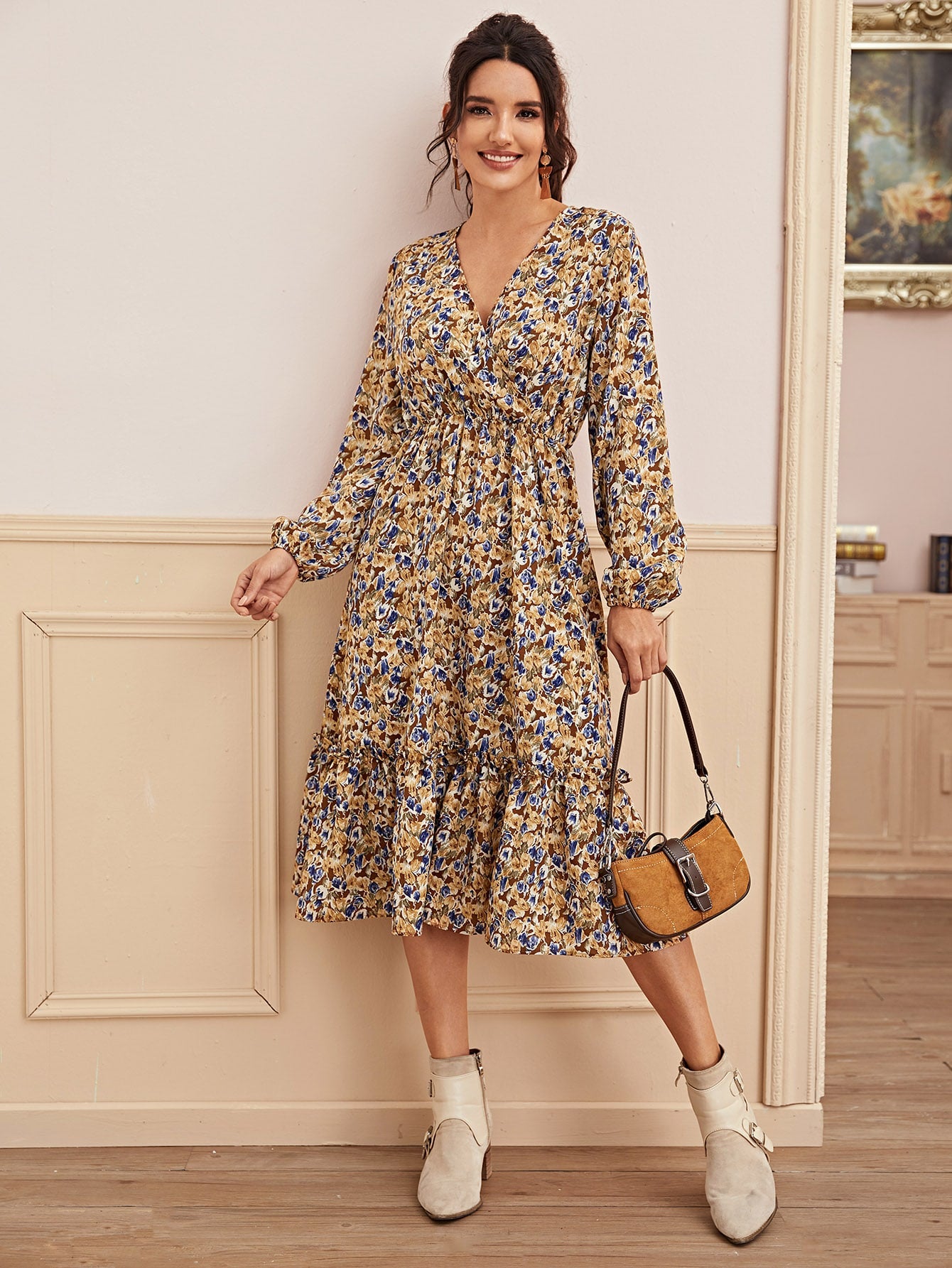 Allover Print Surplice Neck A-line Dress