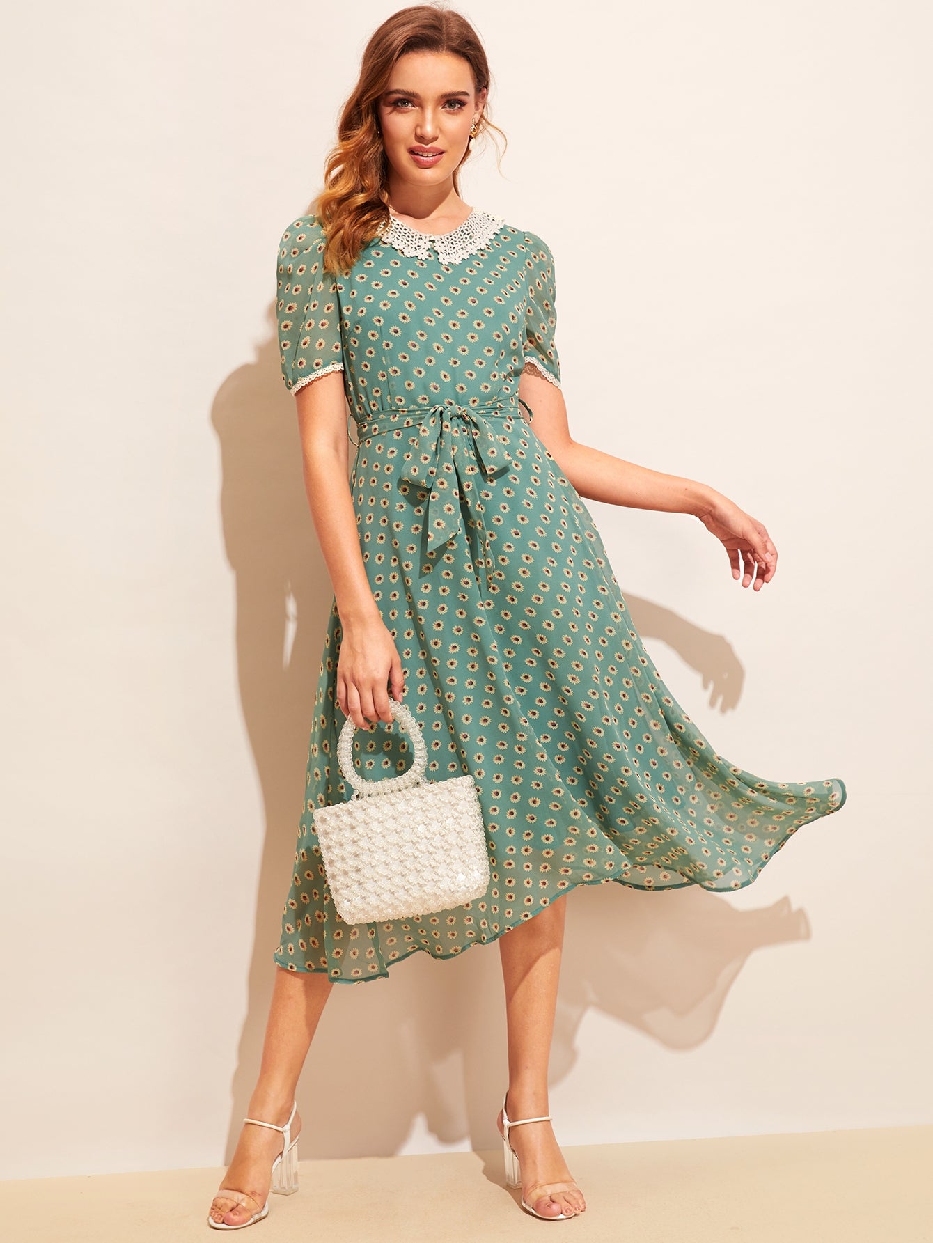 Allover Sunflower Print Lace Trim Belted Dress