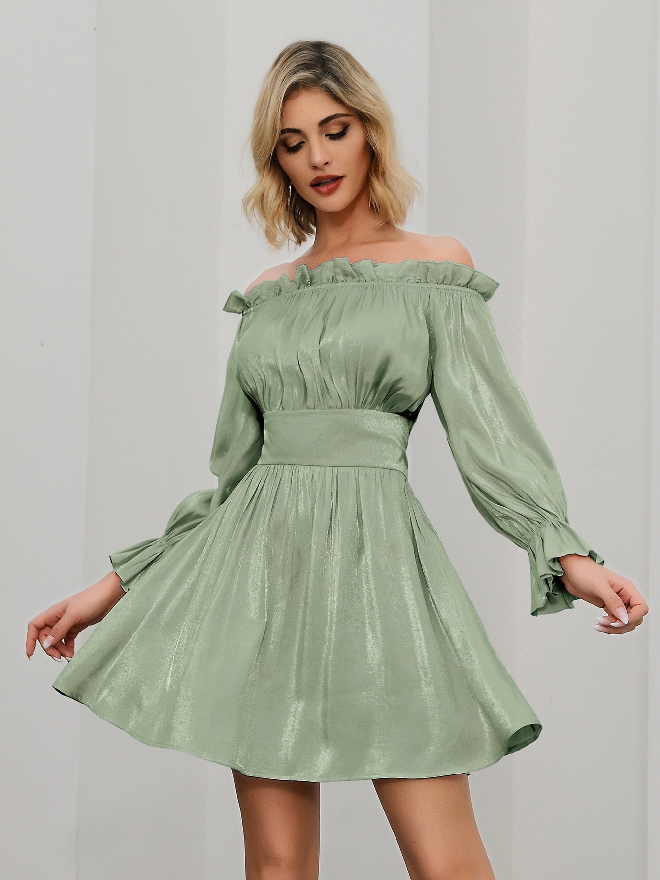 Amy's Cart Frill Off Shoulder Satin Dress