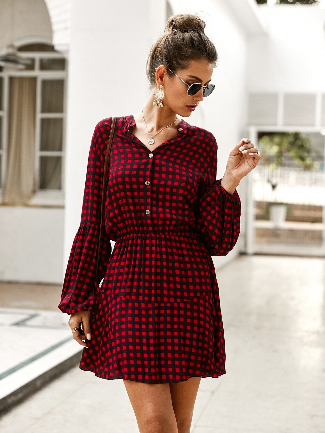 Amy's Cart Gingham Lantern Sleeve Shirt Dress