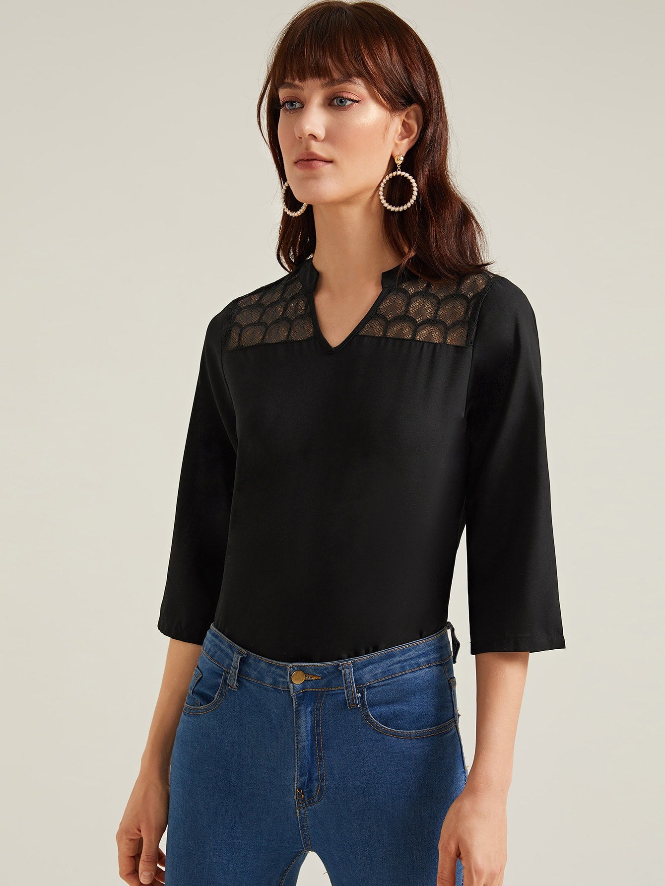 Amy's Cart Notched Neck Lace Yoke Blouse