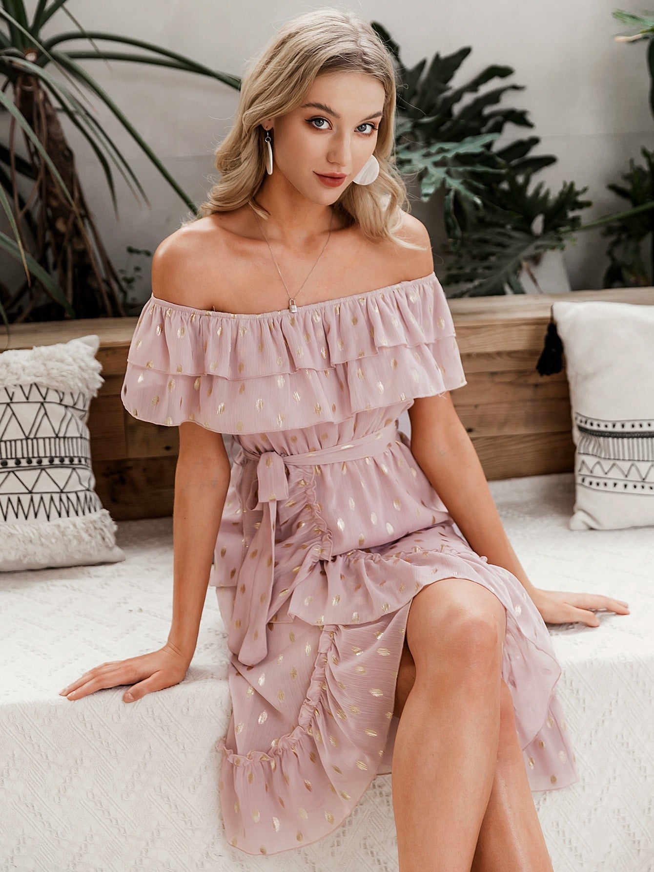 Amy's Cart Off Shoulder Wrap Belted Gold Print Dress