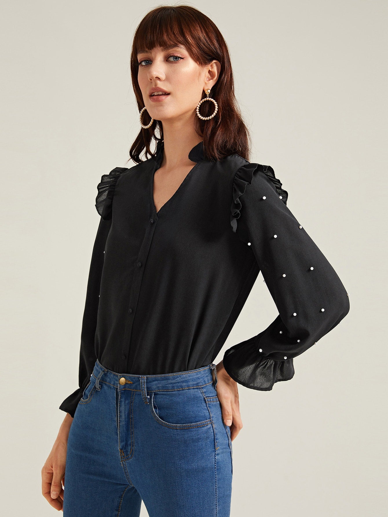 Amy's Cart Pearls Beaded Frill Trim Blouse