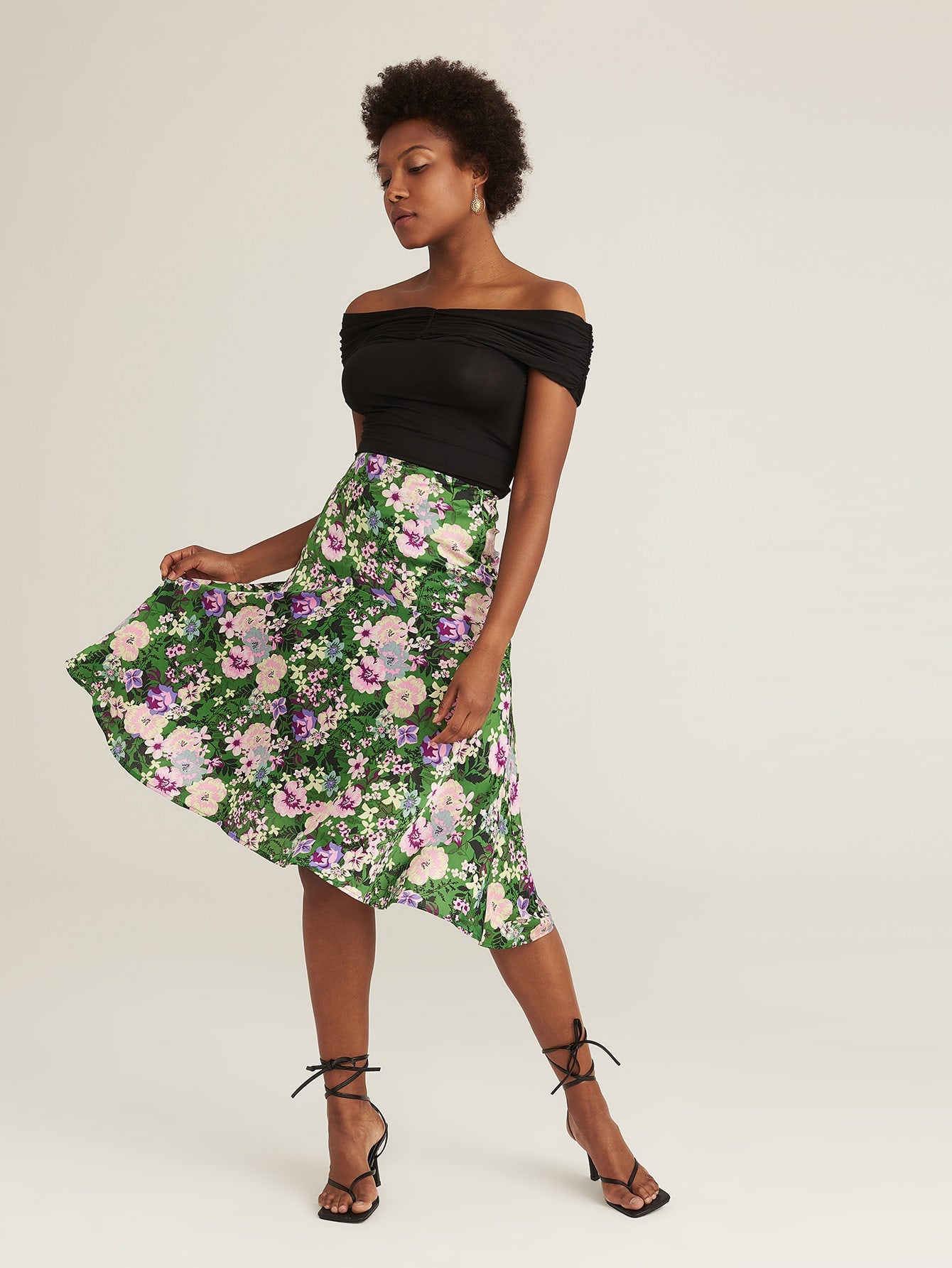 Amy's Cart Premium Button Front Fold Pleated Panel Asymmetrical Floral Skirt