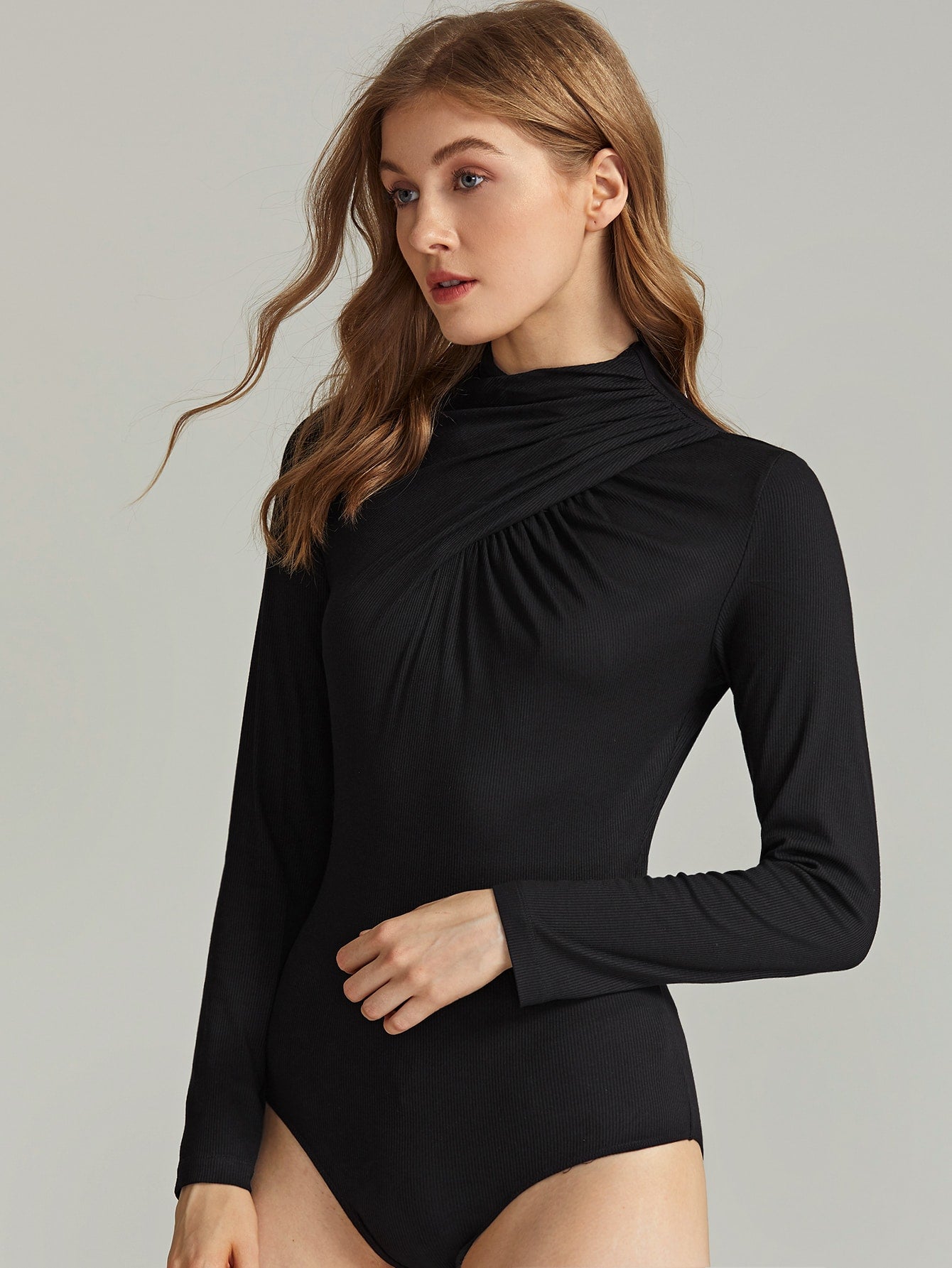 Amy's Cart Premium Cross Wrap Mock Neck Ribbed Bodysuit