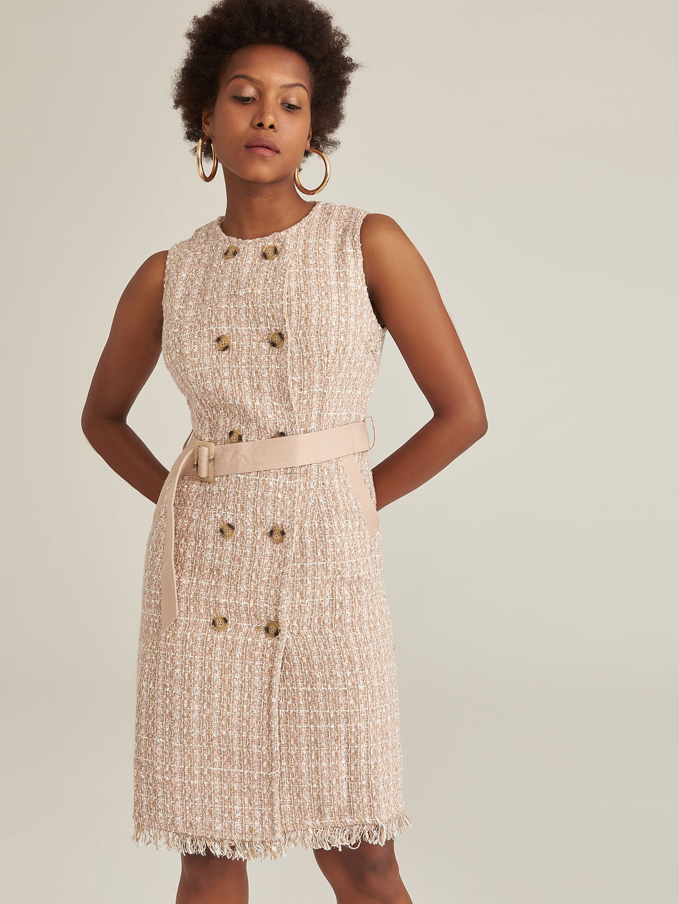 Amy's Cart Premium Double Breasted Belted Tweed Sleeveless Dress