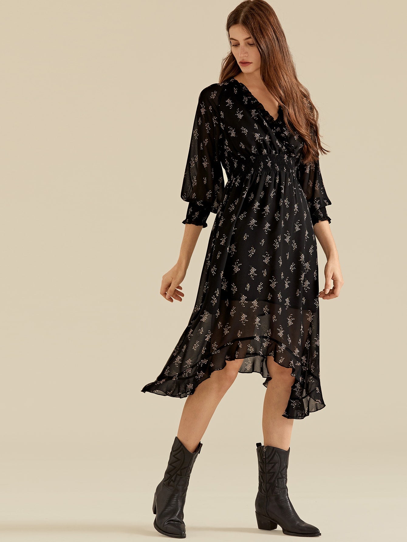 Amy's Cart Premium Frill Trim Shirred Waist Asymmetrical Hem Ditsy Floral Dress