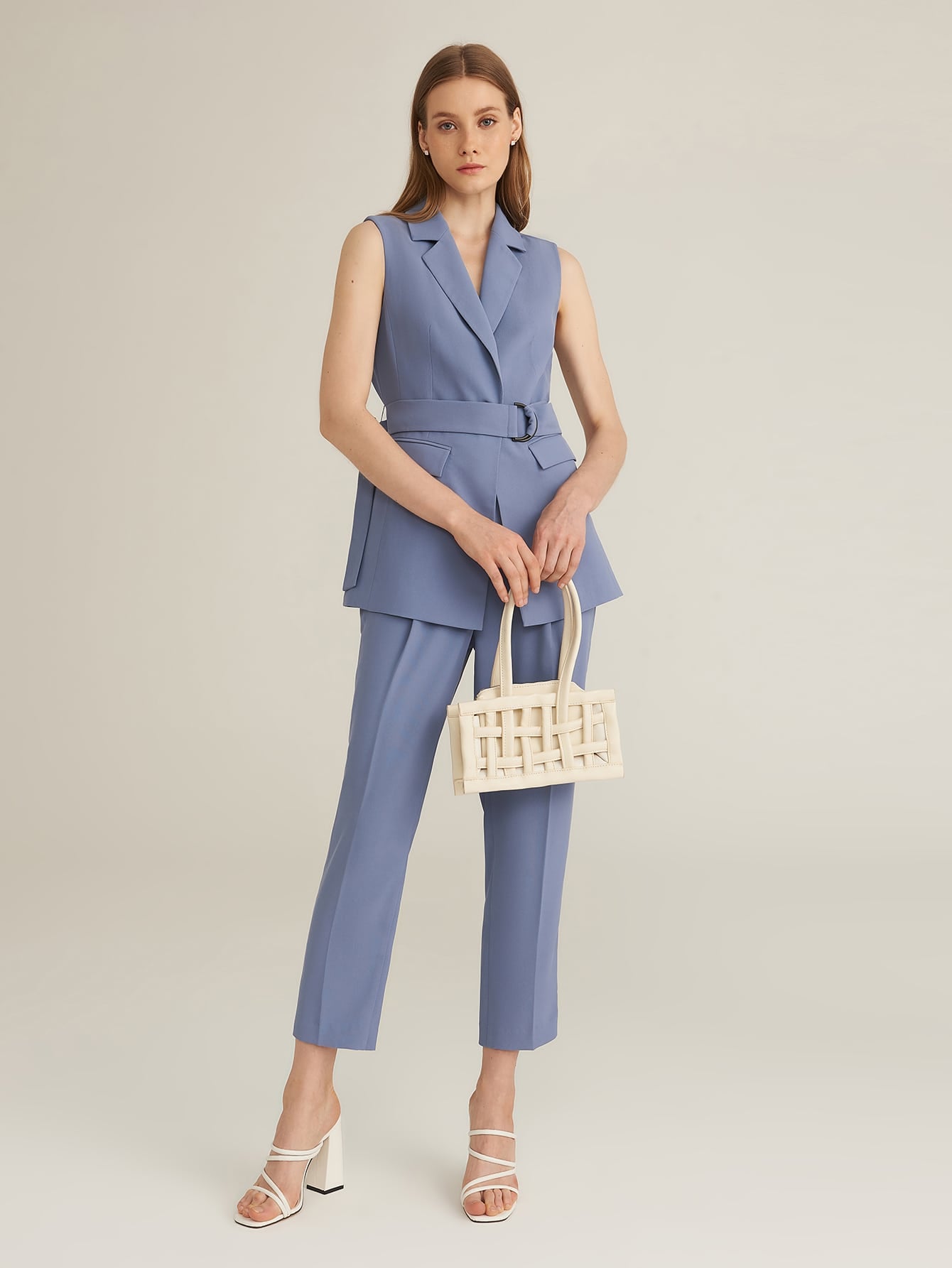 Amy's Cart Premium Lapel Collar Sleeveless D-ring Belted Top & Tailored Pants Set