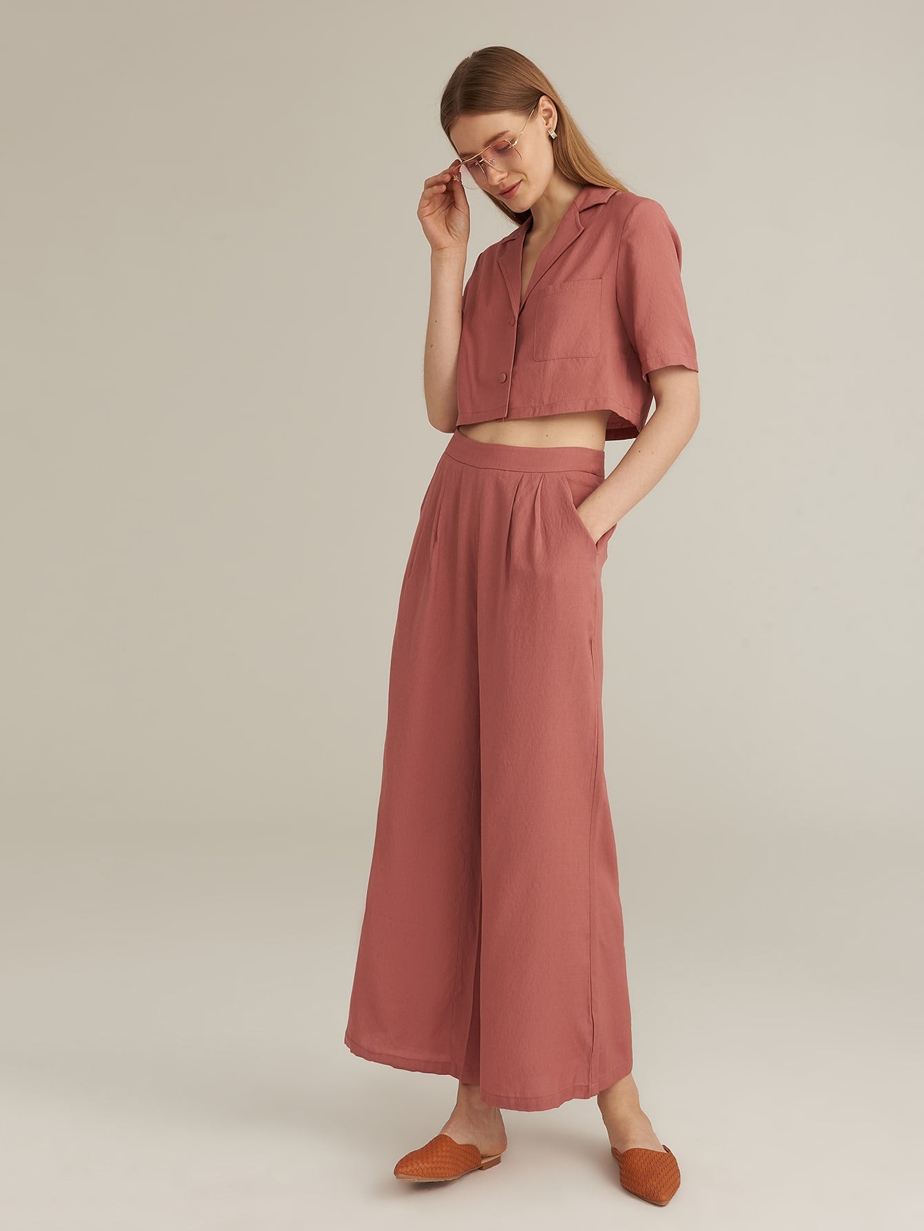 Amy's Cart Premium Notched Collar Single Breasted Blouse & Wide Leg Pants Set