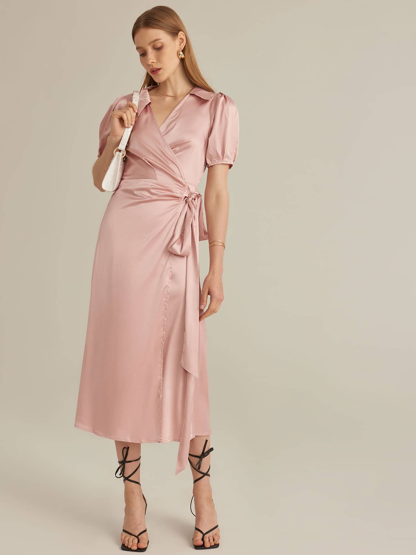 Amy's Cart Premium Puff Sleeve Belted Satin Wrap Dress