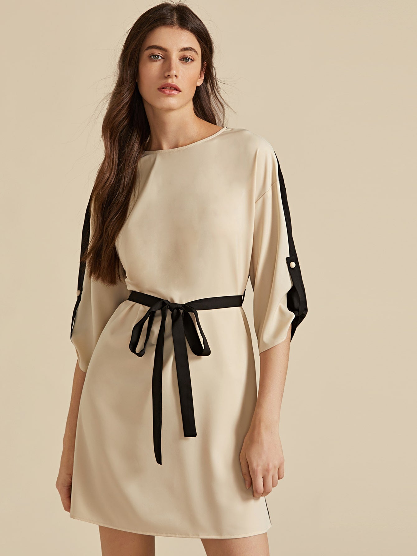 Amy's Cart Premium Roll Tab Sleeve Two Tone Belted Dress