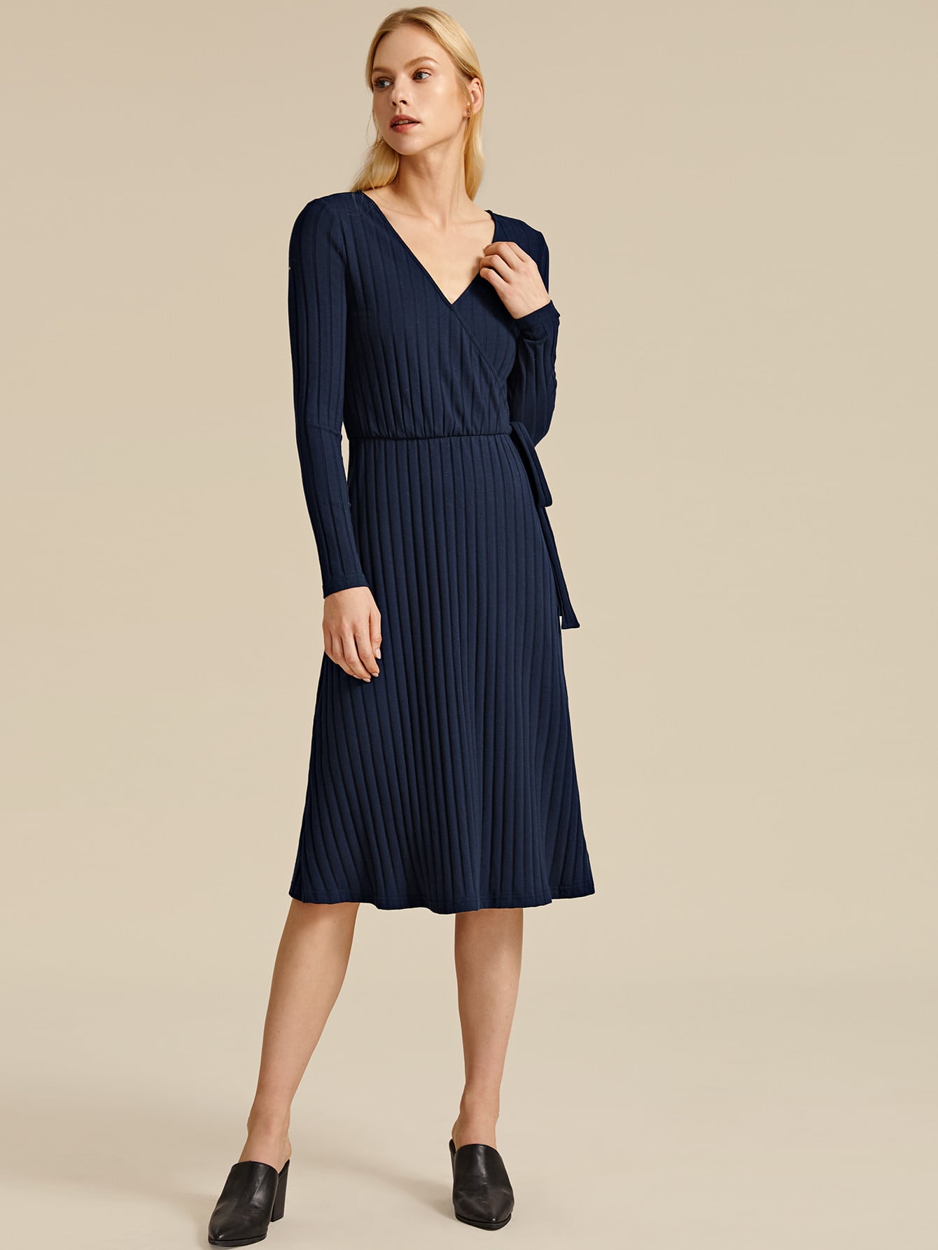 Amy's Cart Premium Surplice Neck Tie Side Rib-knit Dress