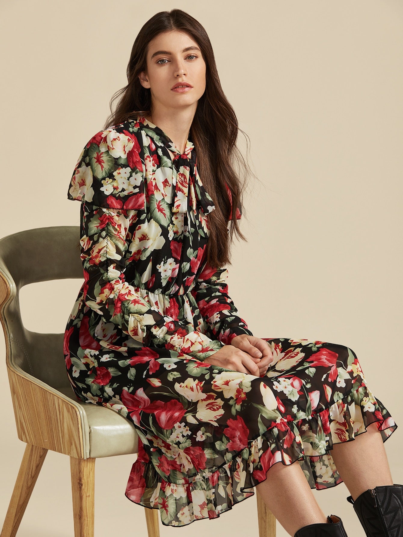 Amy's Cart Premium Tie Neck Ruched Sleeve Floral Print Ruffle Dress