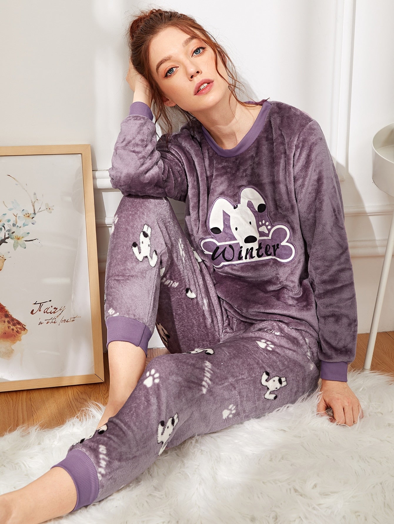 Animal Embroidered Plush Pajama Set