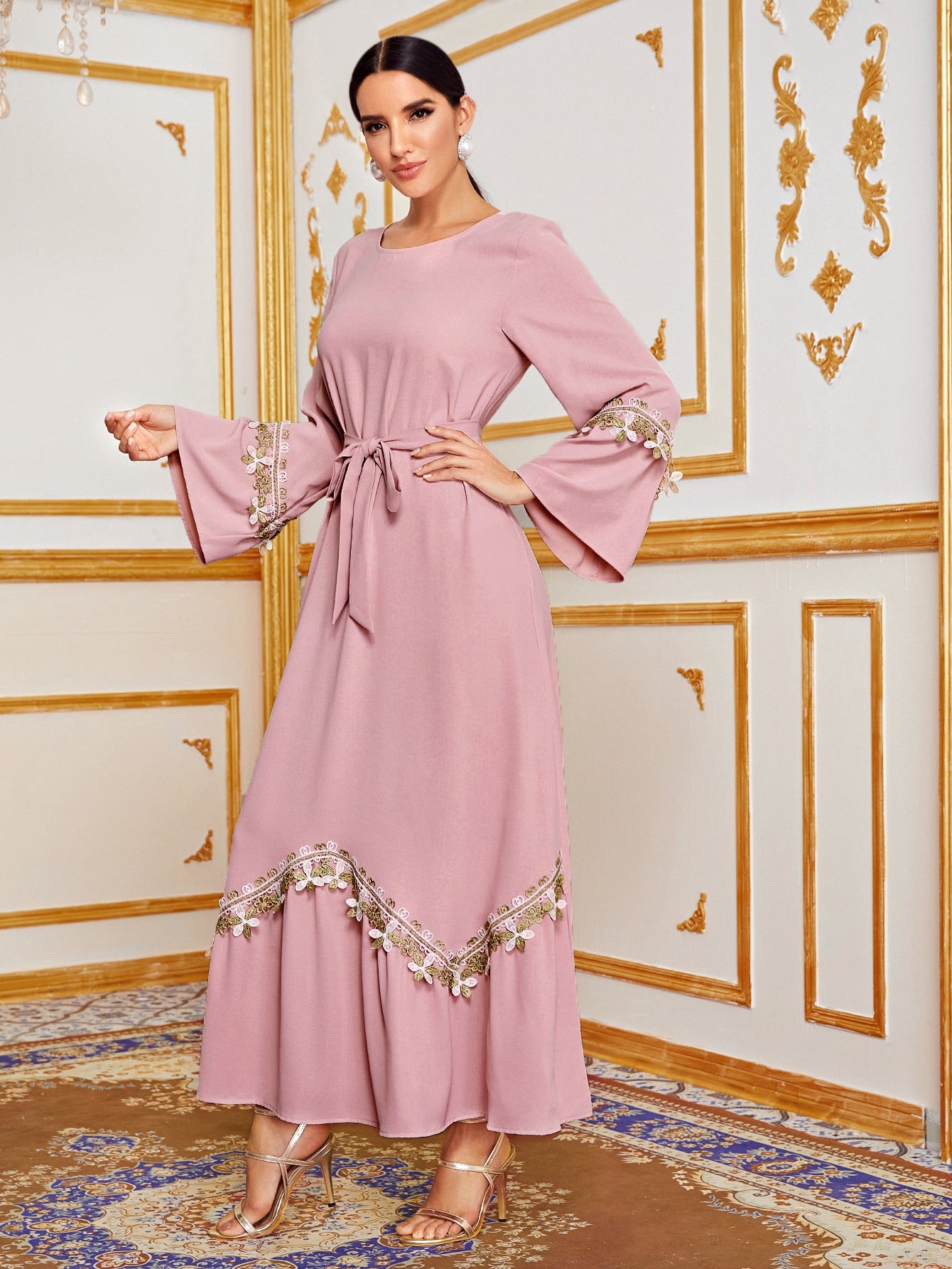 Appliques Bell Sleeve Self Tie Maxi Dress