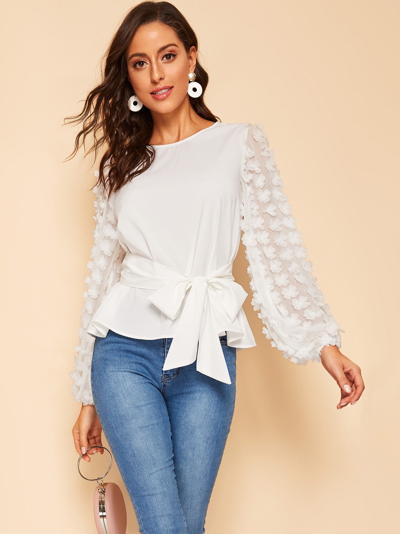 Appliques Bishop Sleeve Belted Top