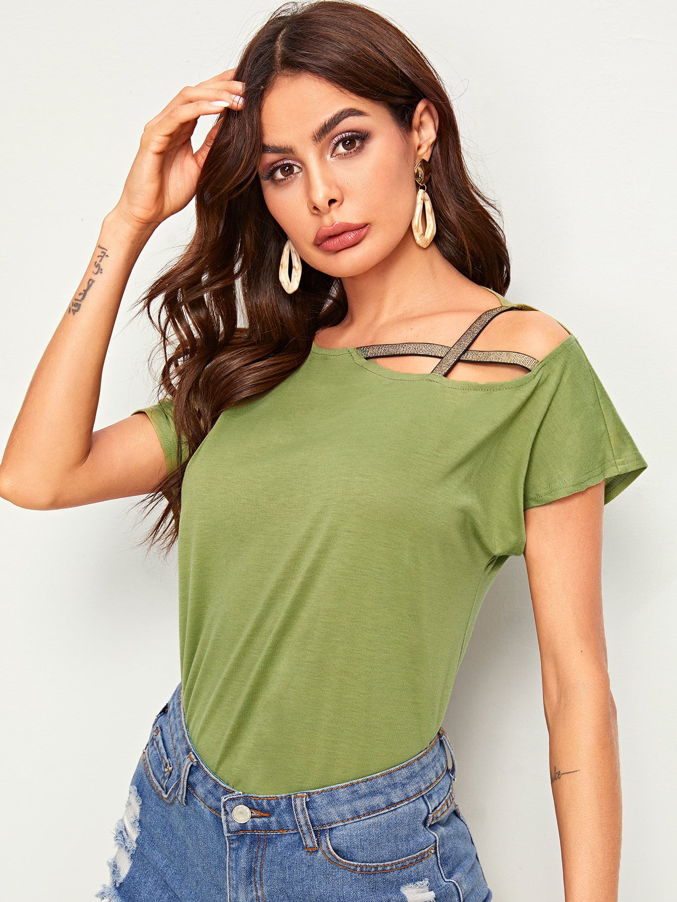 Asymmetric Neck Solid Tee